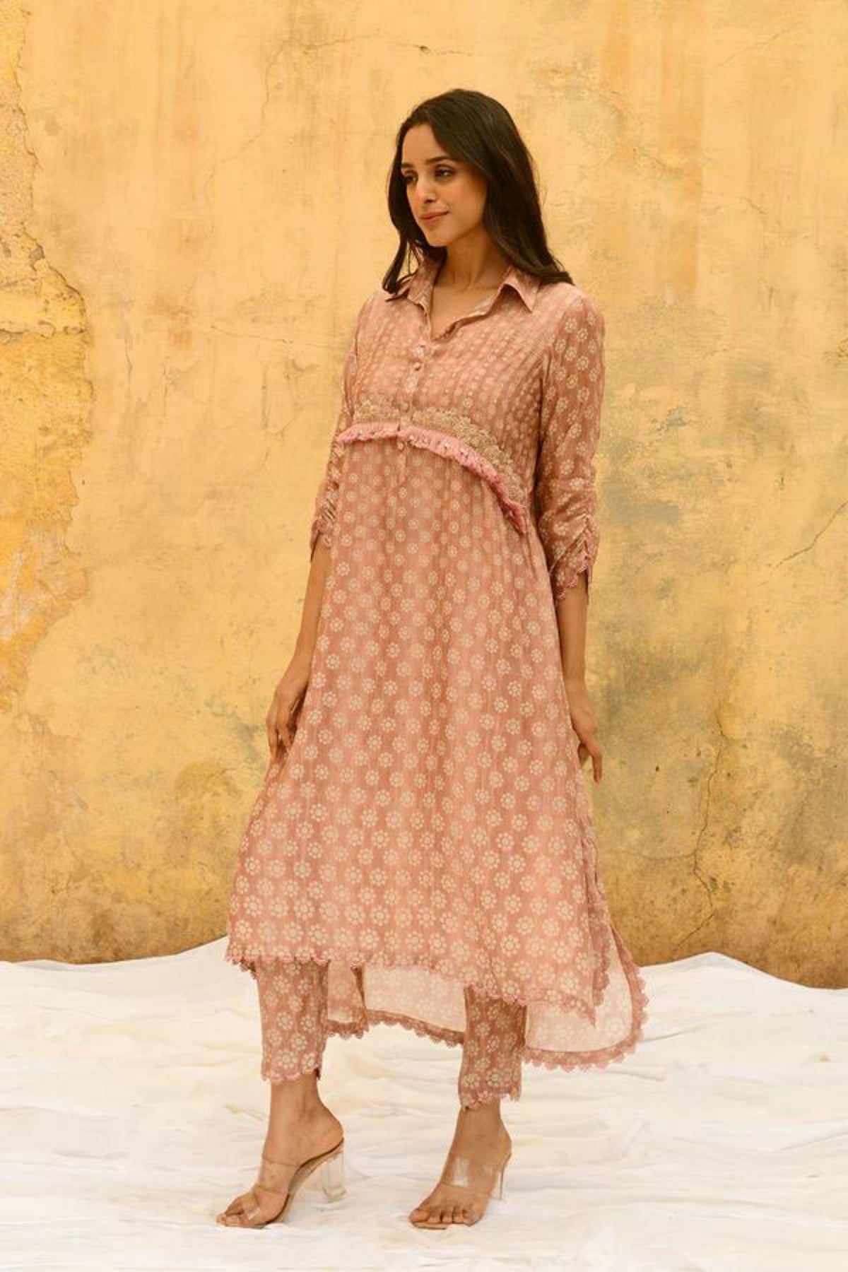 Pink Cascade Collar Kurta Set