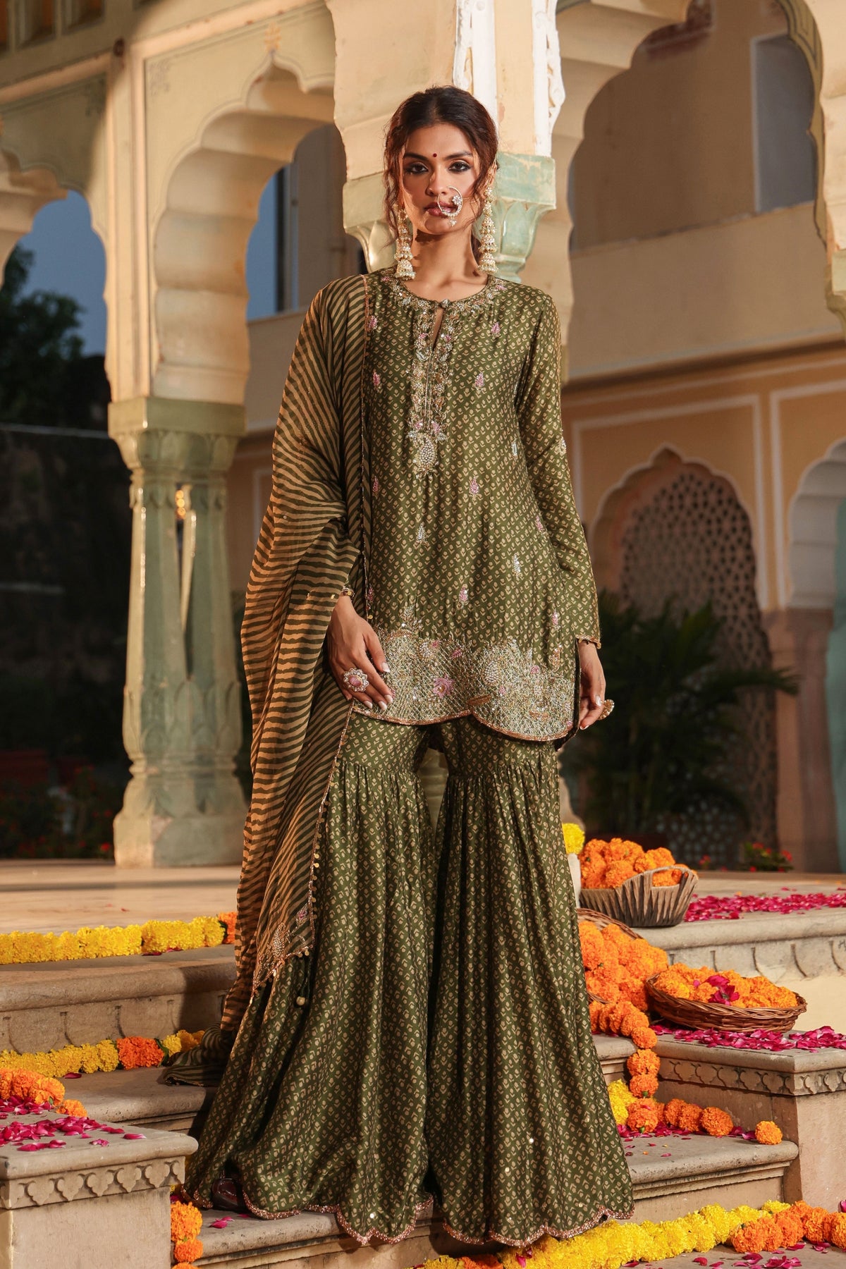 Printed Olive Green Sharara Set