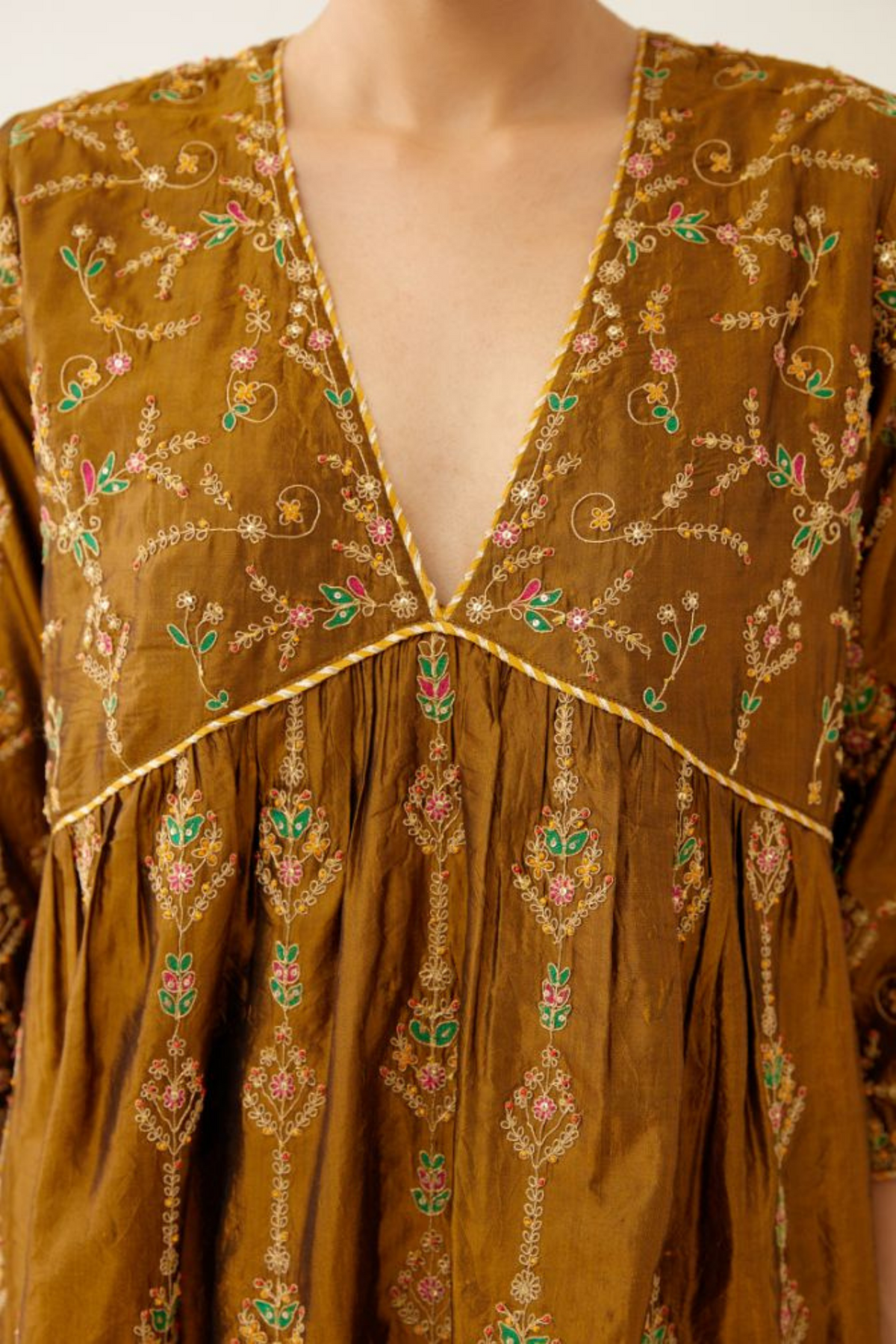 Golden Olive Silk Embroidered Kurta Set