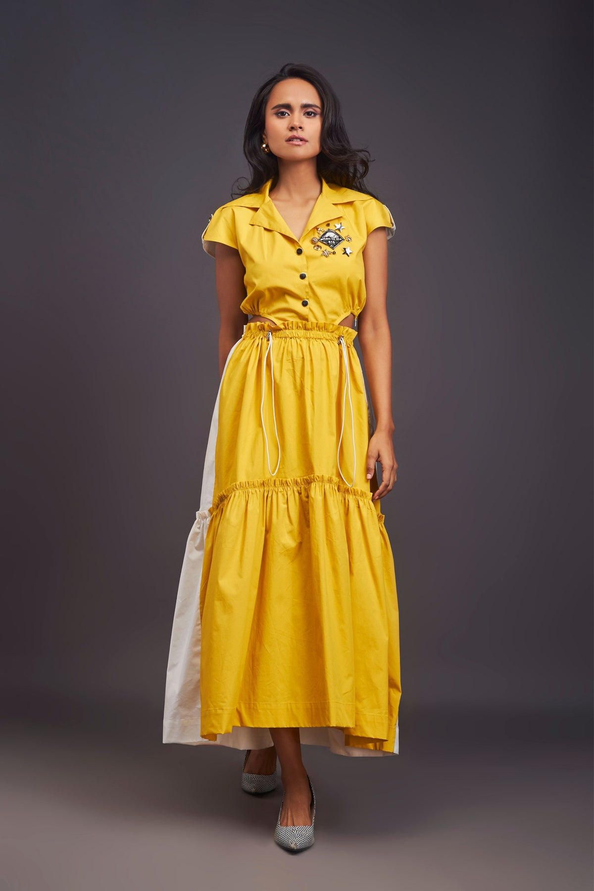 Lapel Collar Yellow Long Dress