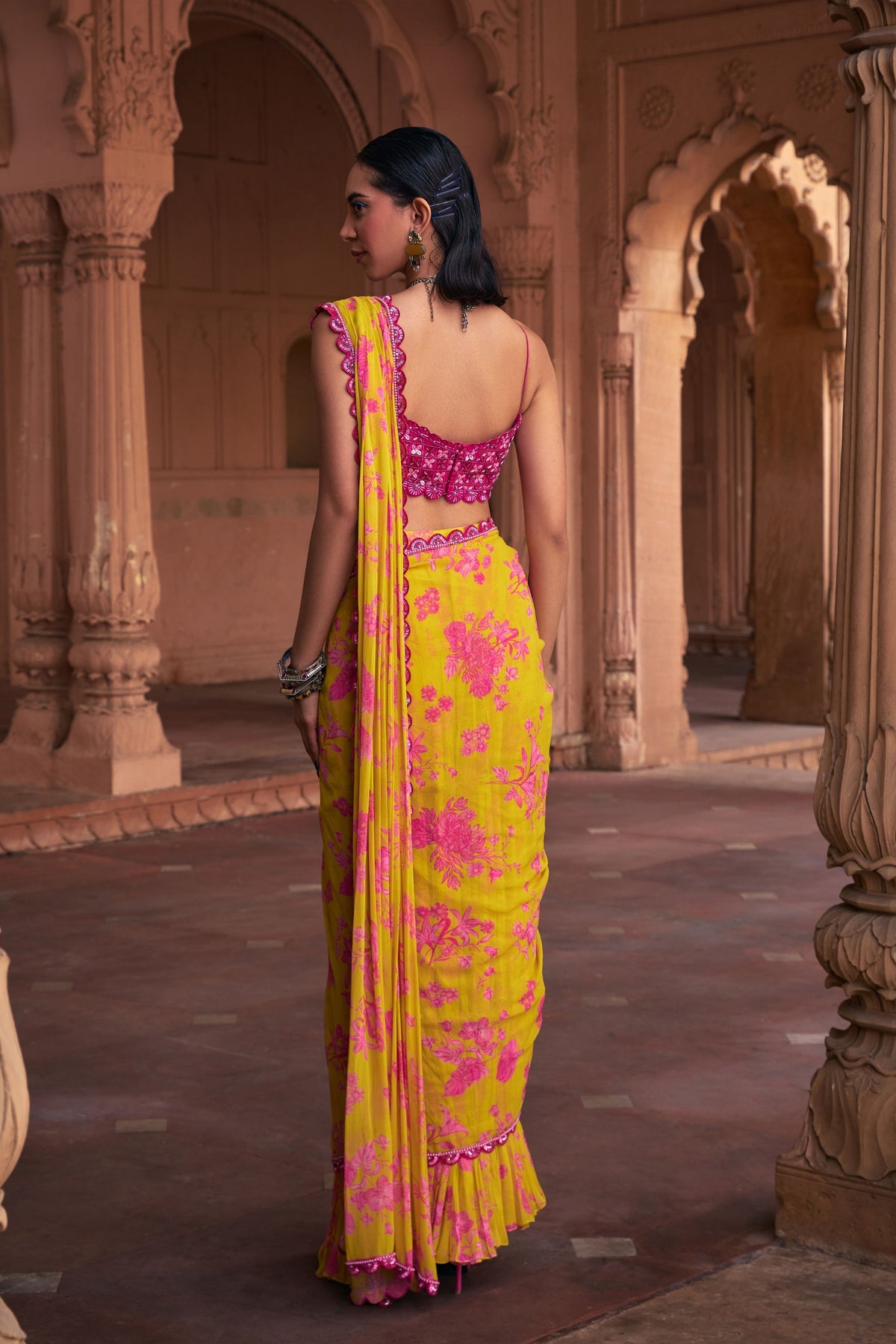 Fuchsia Draped Saree Set