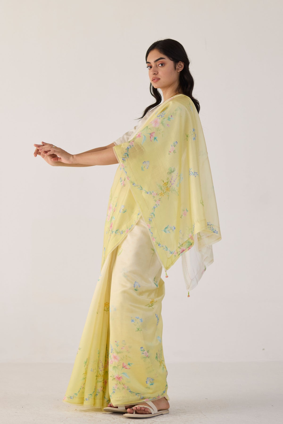 Yellow Clover Field Mulberry Organza Silk Sari