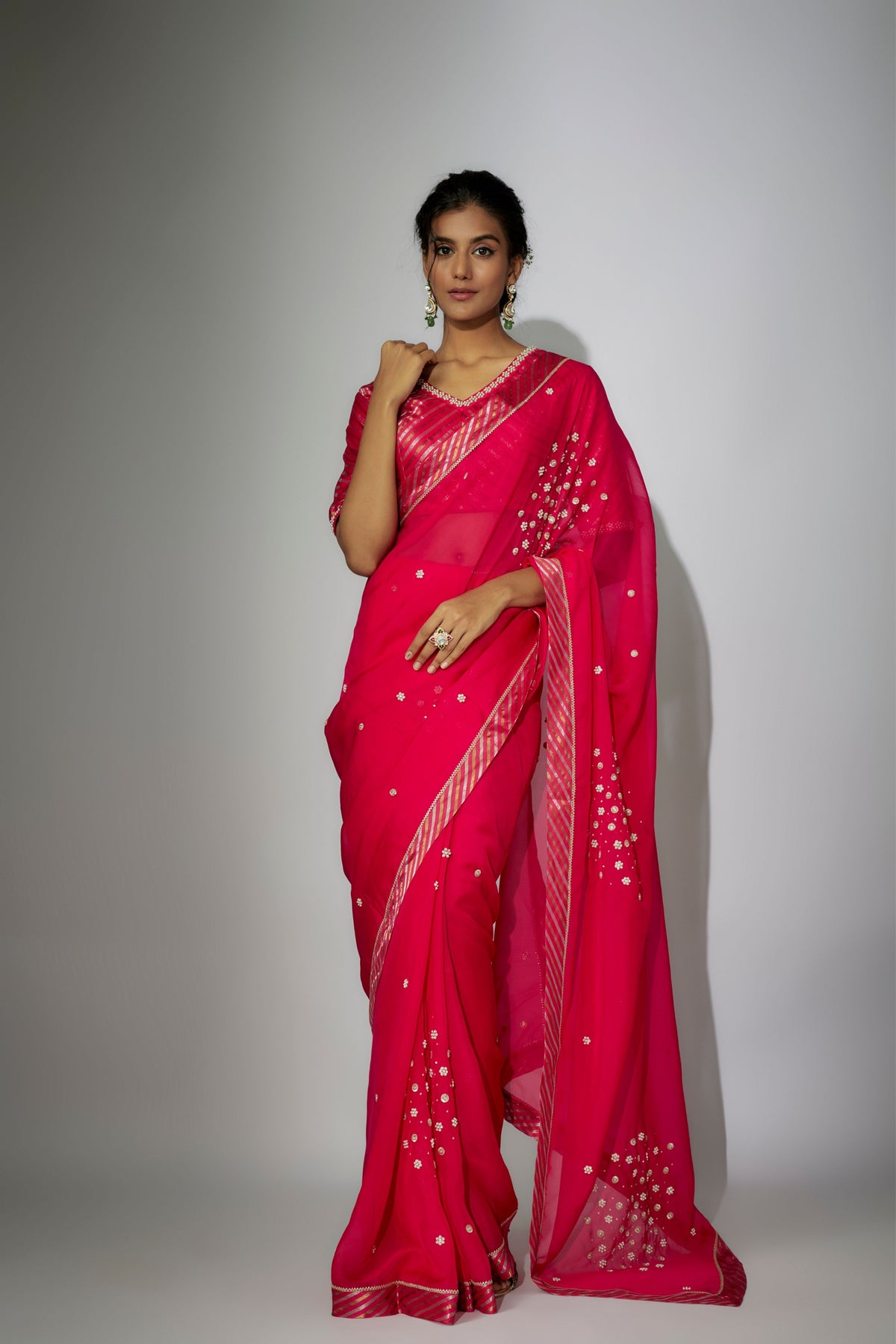 Hot Pink Embroidered Saree Set