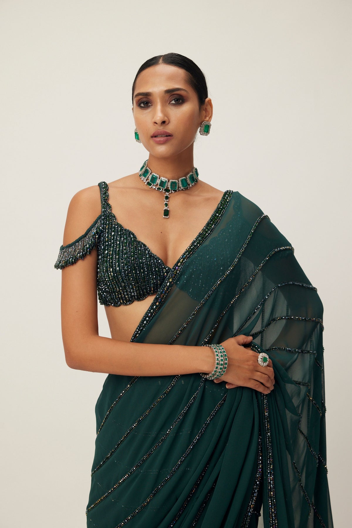 Dark Jade Green Embroidered Saree Set