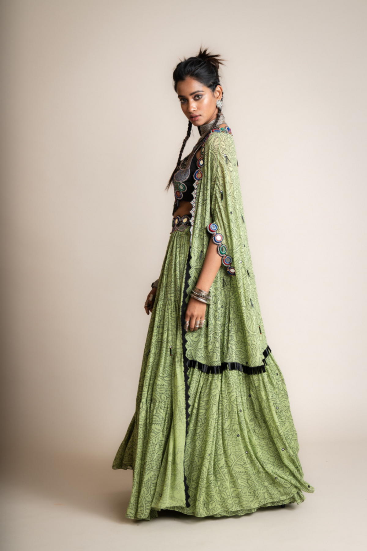 Green Frill Jacket And Tiered Lehenga