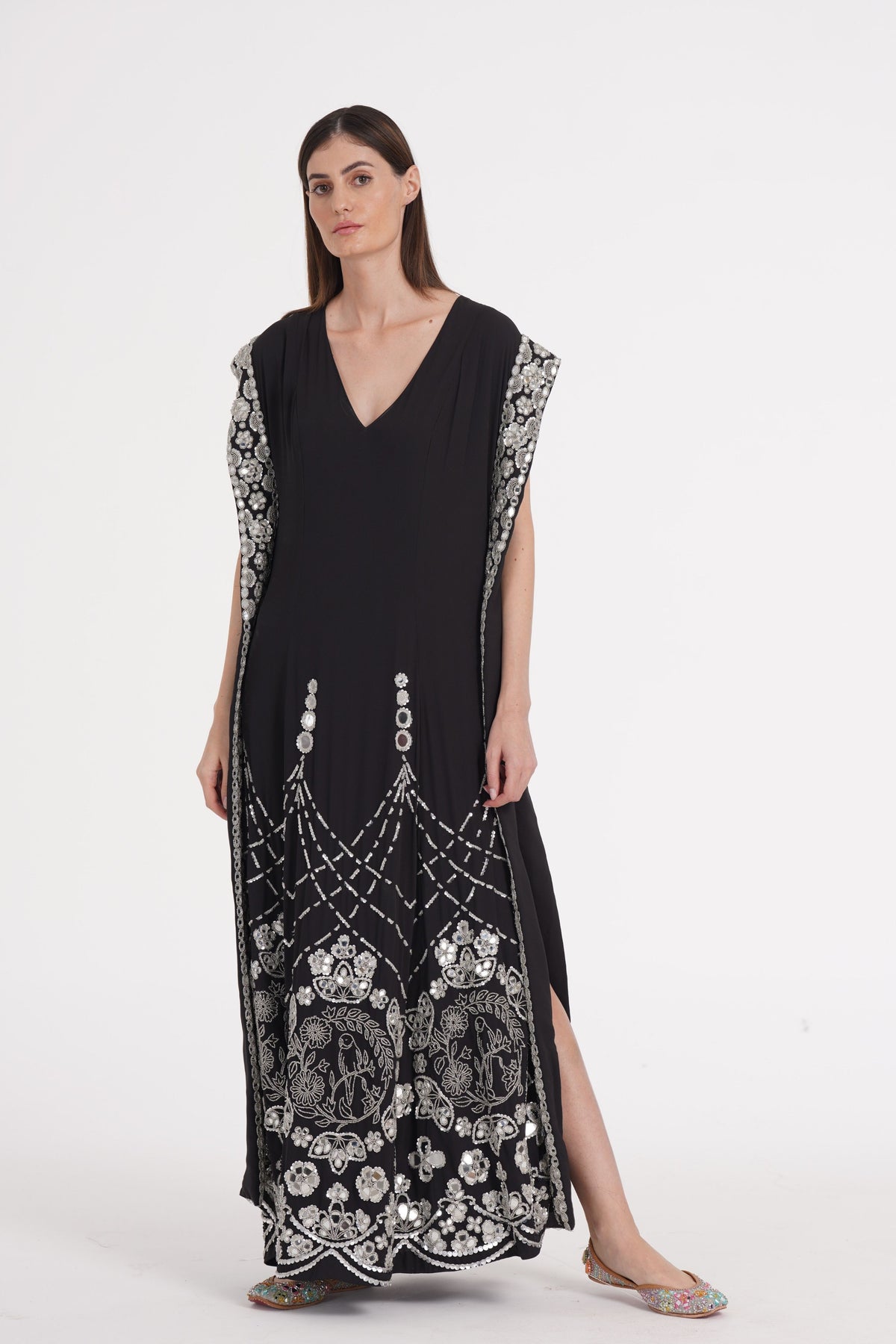 Charcoal Black Hand Embroidered Kaftan