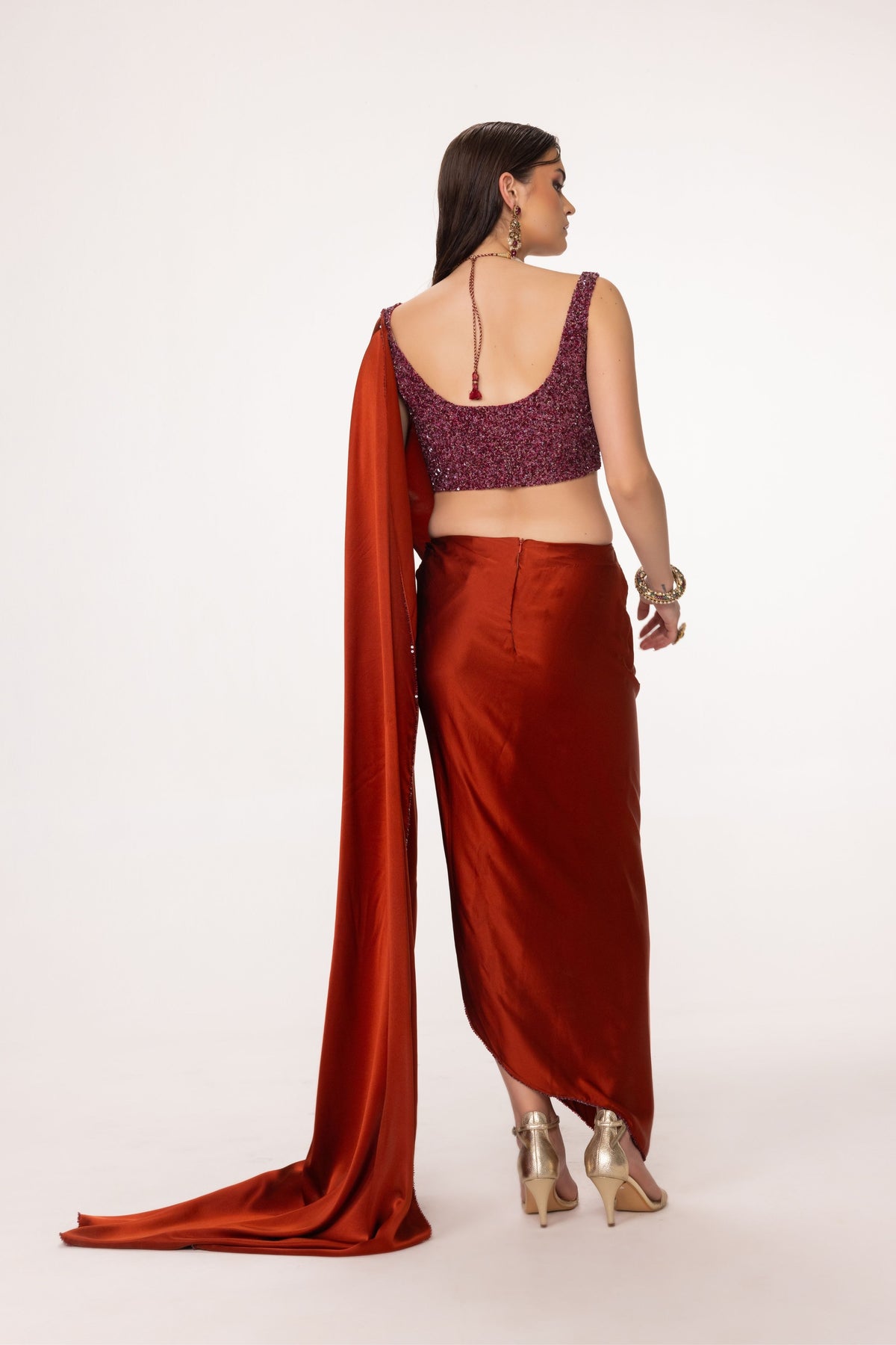 Rust Embroidered Draped Saree