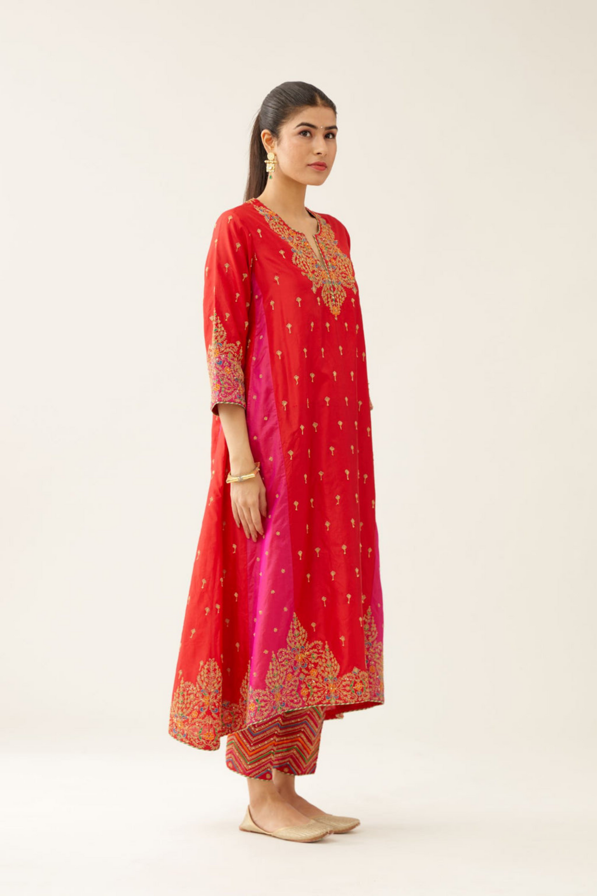 Red &amp; Fuchsia Silk Kalidar Kurta Set