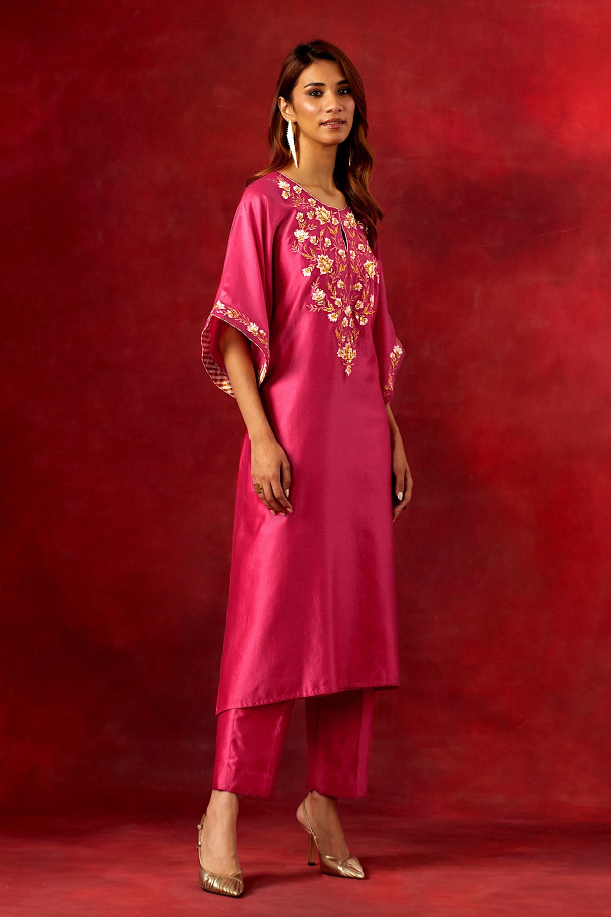 Fuchsia Embroidered Yoke Kurta Set