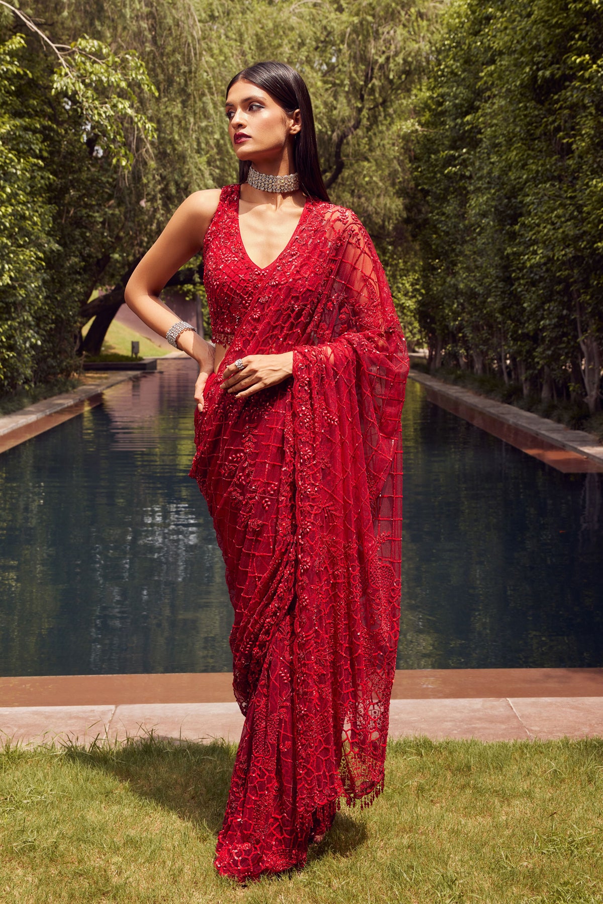 Red Embroidered Net Saree