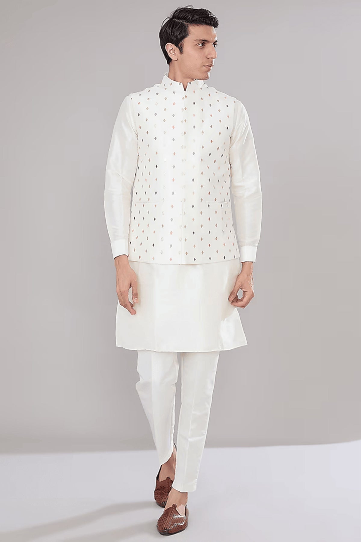 Off White Embroidered Kurta-jacket Set