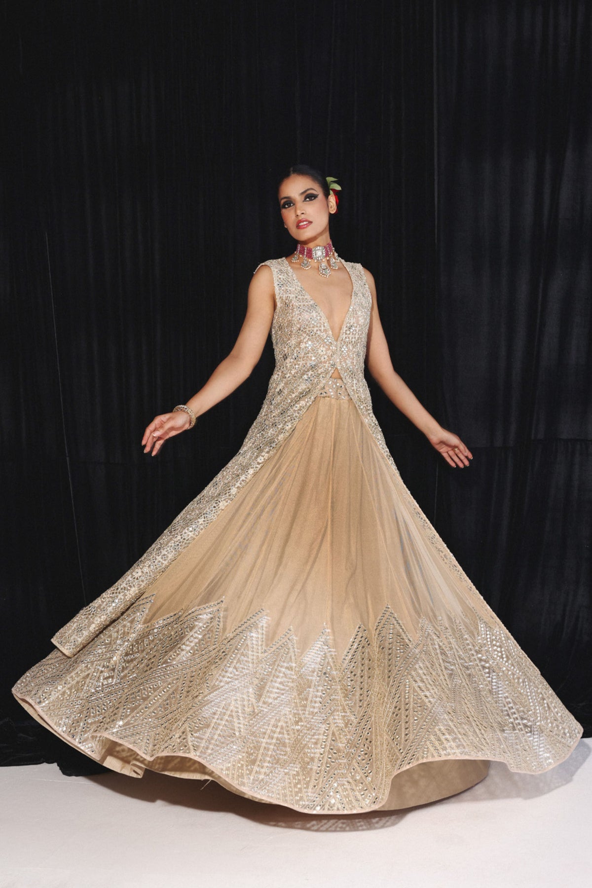 Diamond Applique Golden Lehenga