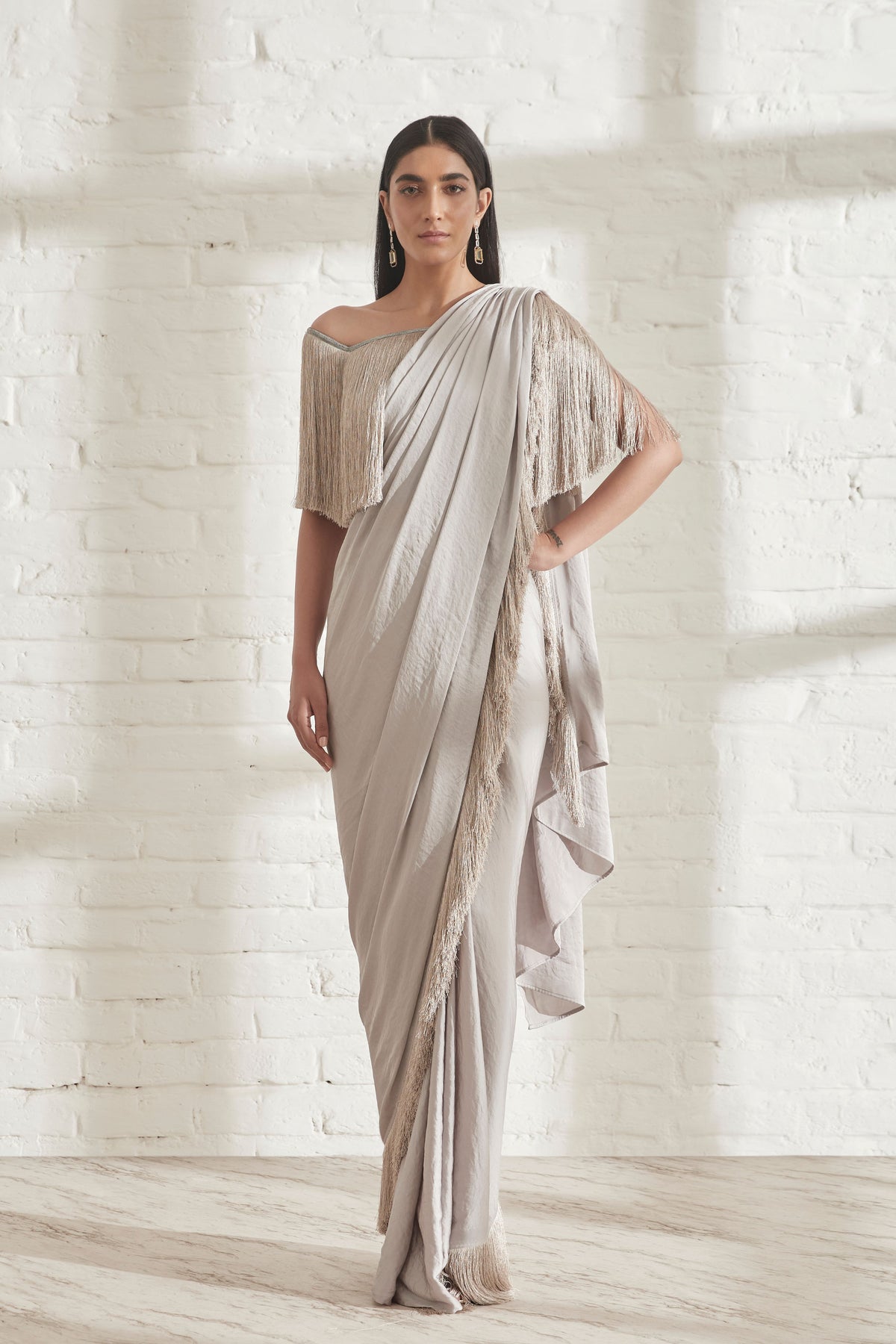 Noor Fringe Grey Sari