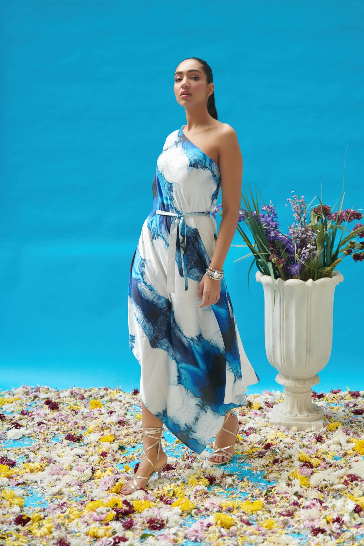 Blue Wave One Shoulder Long Dress