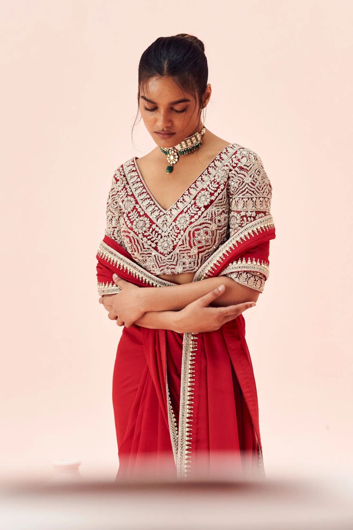 Red Saree With Embroidered Blouse Set