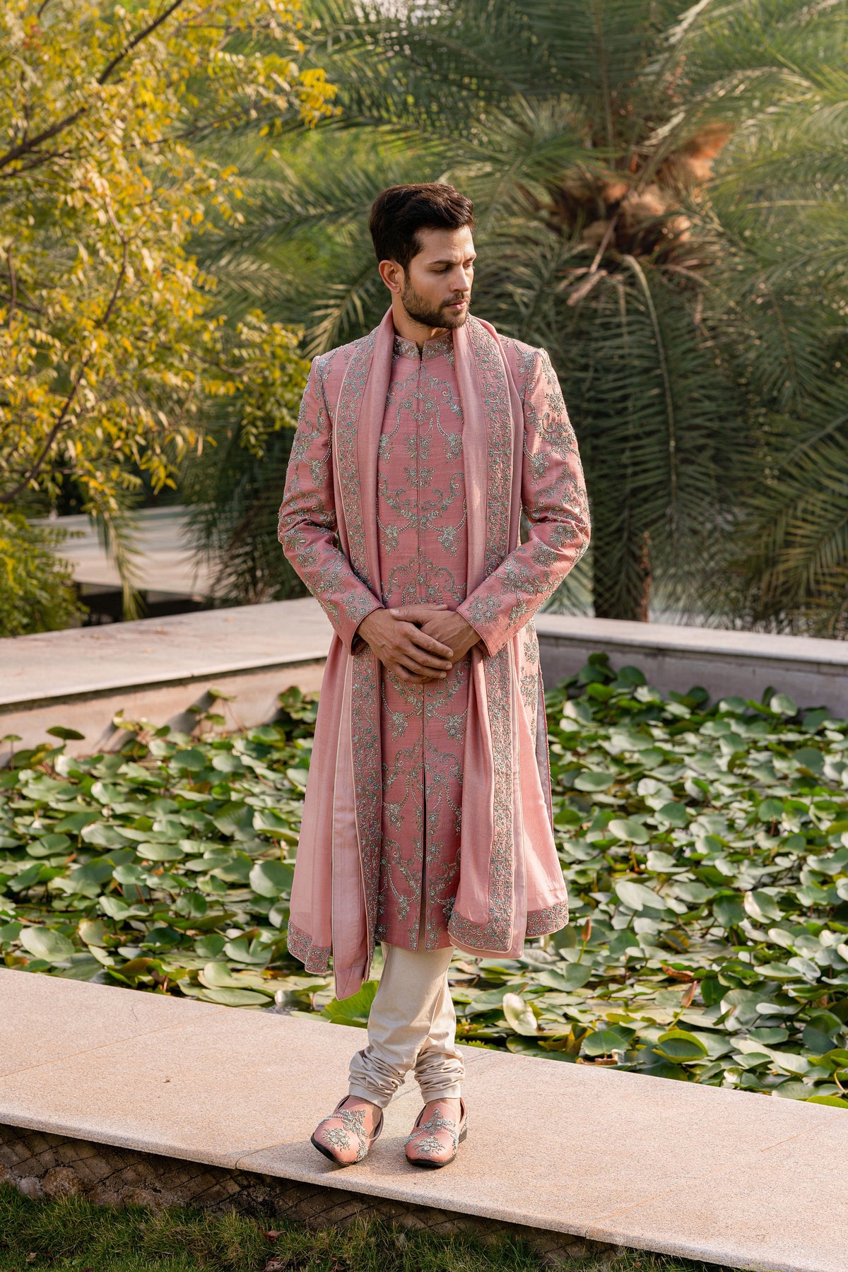 Peach Embroidered Sherwani Set