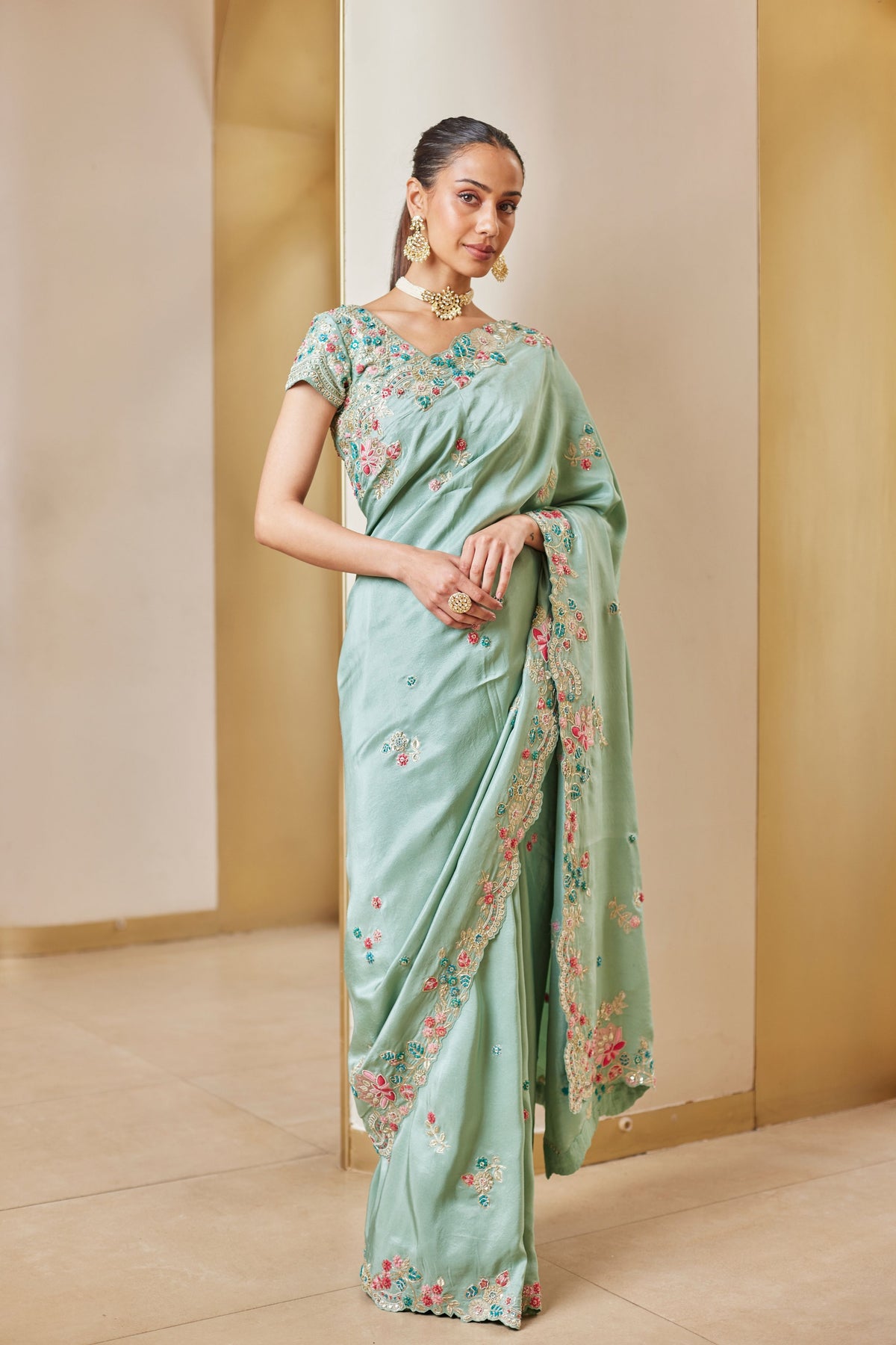 Cadet Blue Embroidered Saree