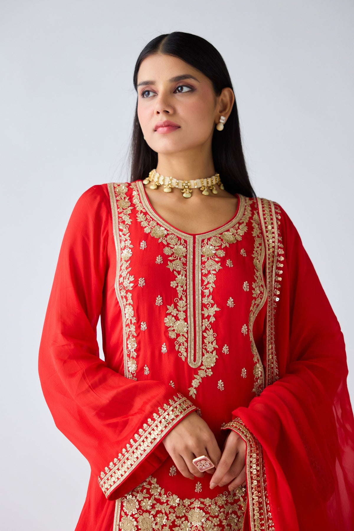 Red Zari Work Organza Sharara Set