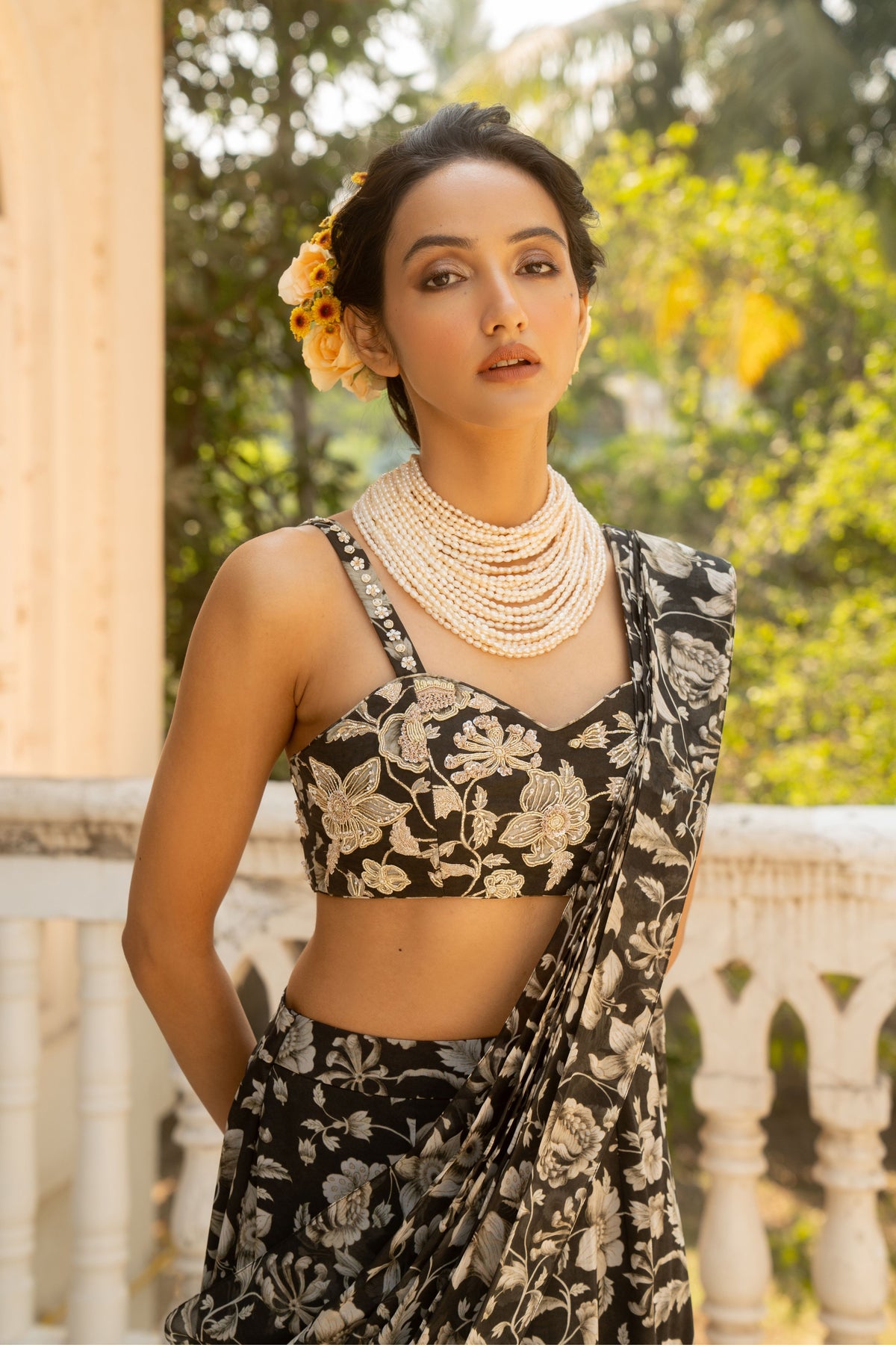 Black Floral Printed Saree Set