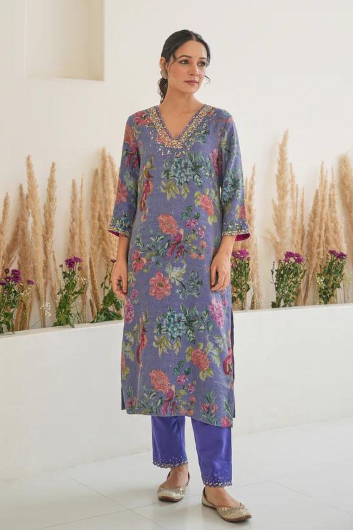 Fiza Stripe Kurta Set in Purple With Dupatta