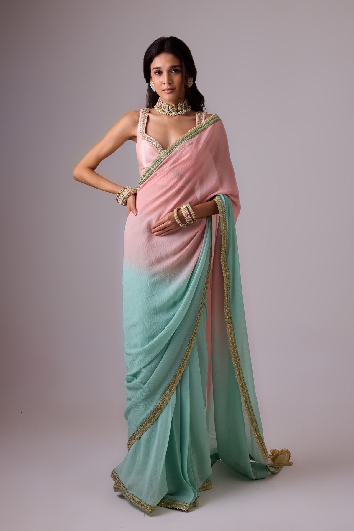 Silk Chiffon Ombre Saree and Gota Borders