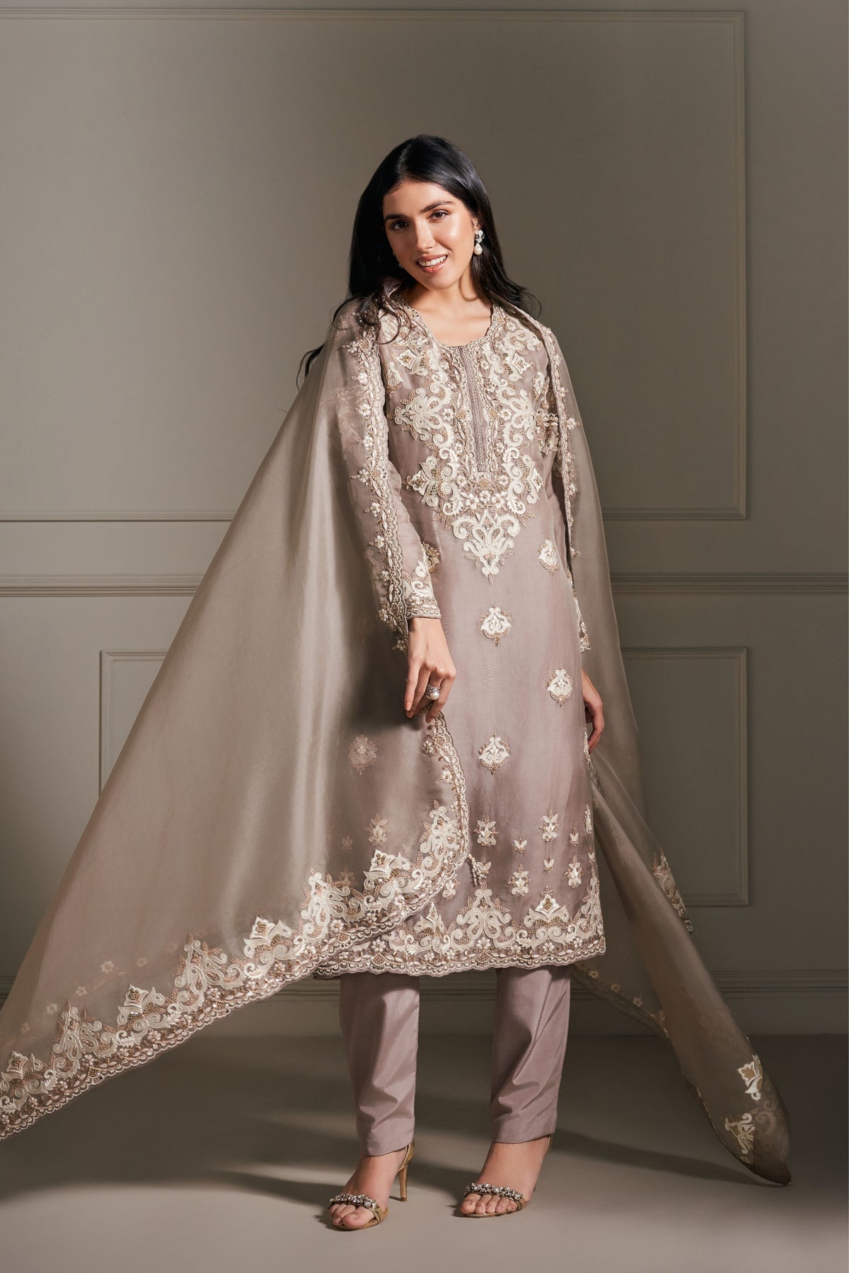 Taupe Hand Embellished Kurta Set