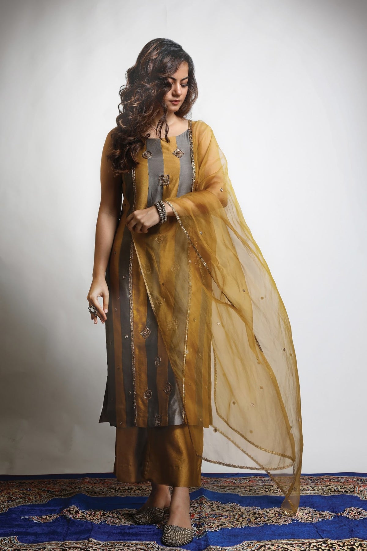 Gold &amp; Grey Embroidered Kurta Set