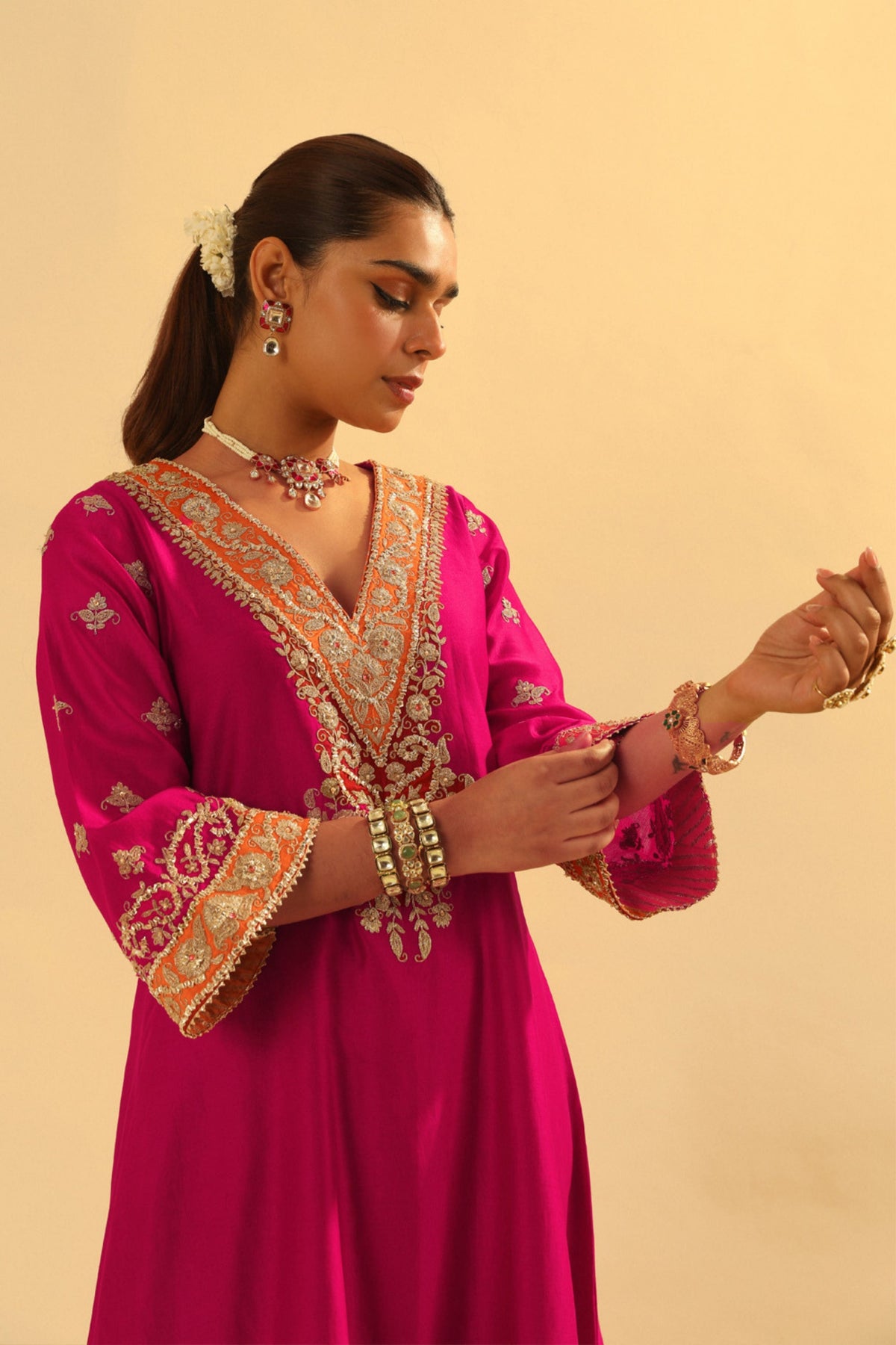 Alima Pink Long A-line Choga With Salwar