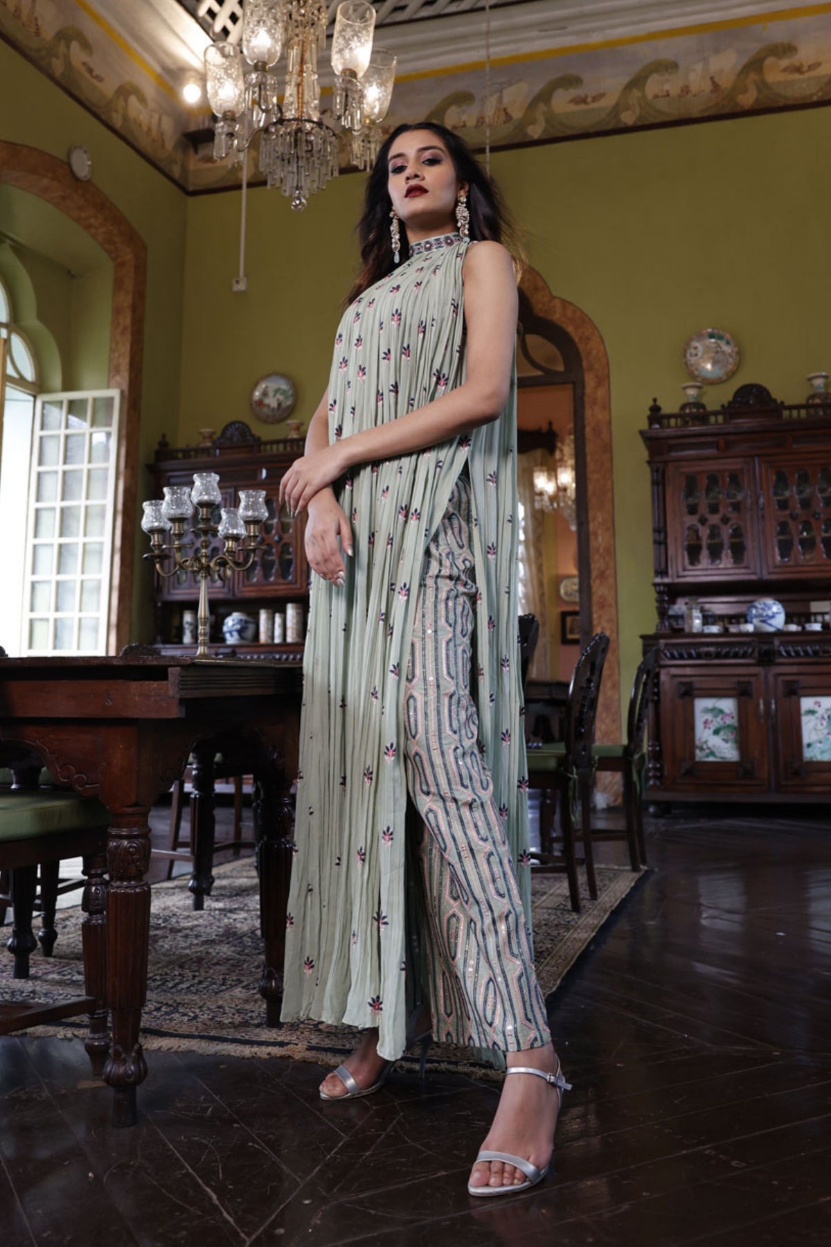 Sage Gathered Kurta with Embroidered Bustier and Pant