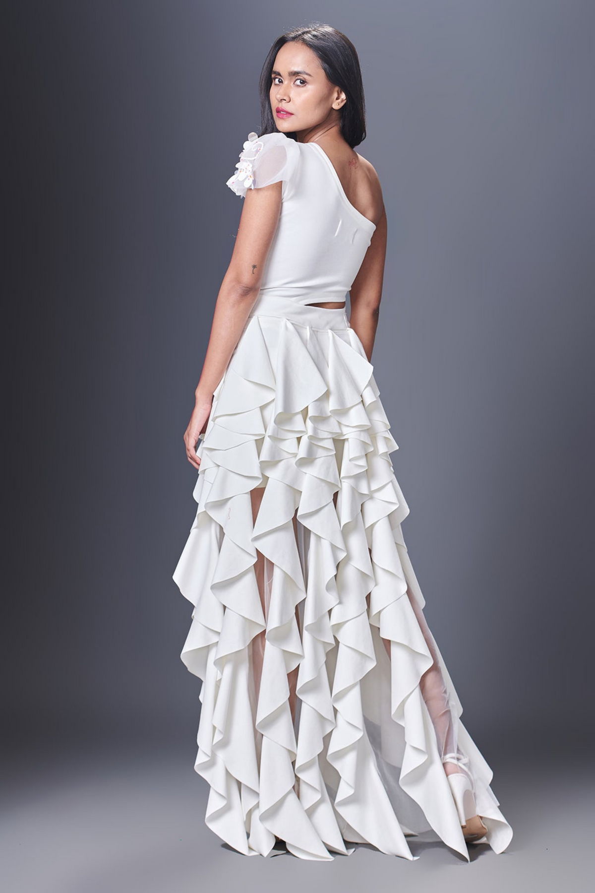 White One Shoulder  Ruffle Dress