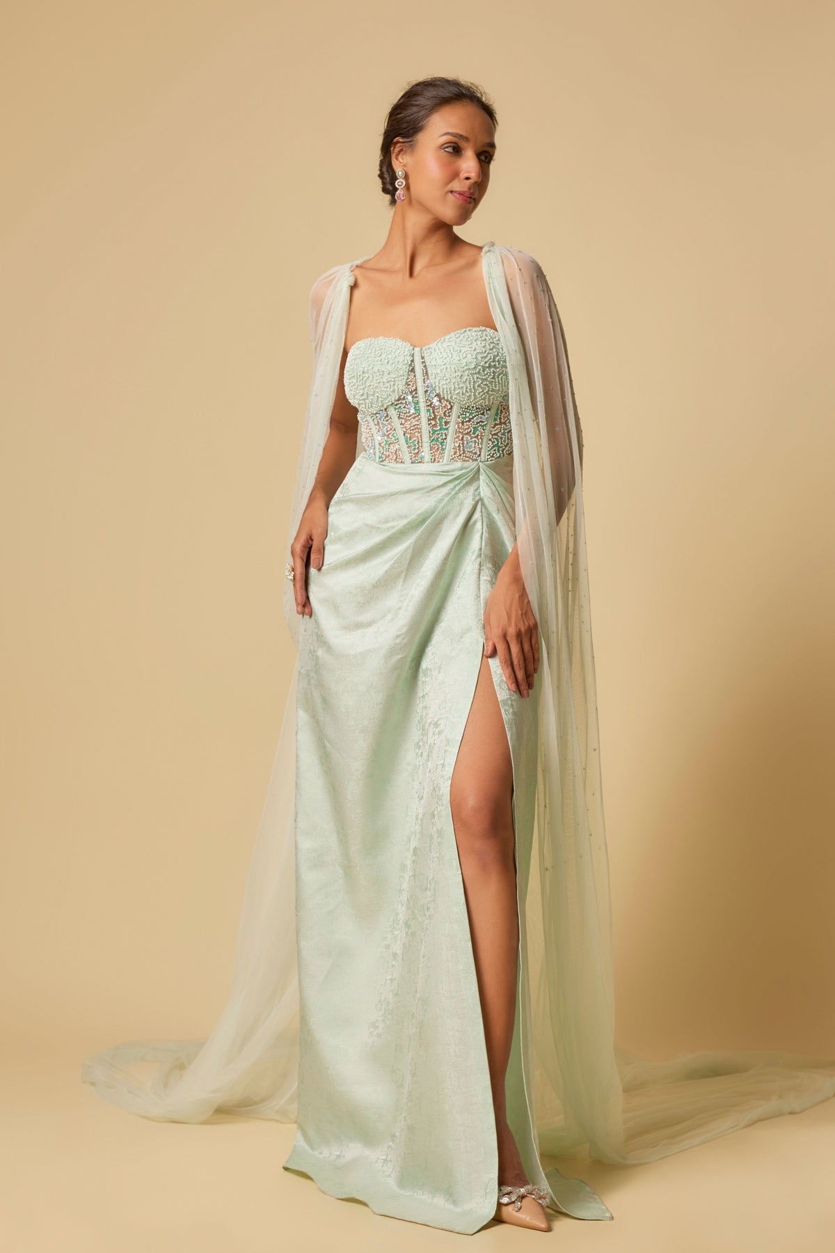 Mint Brocade Embroidered Gown Set