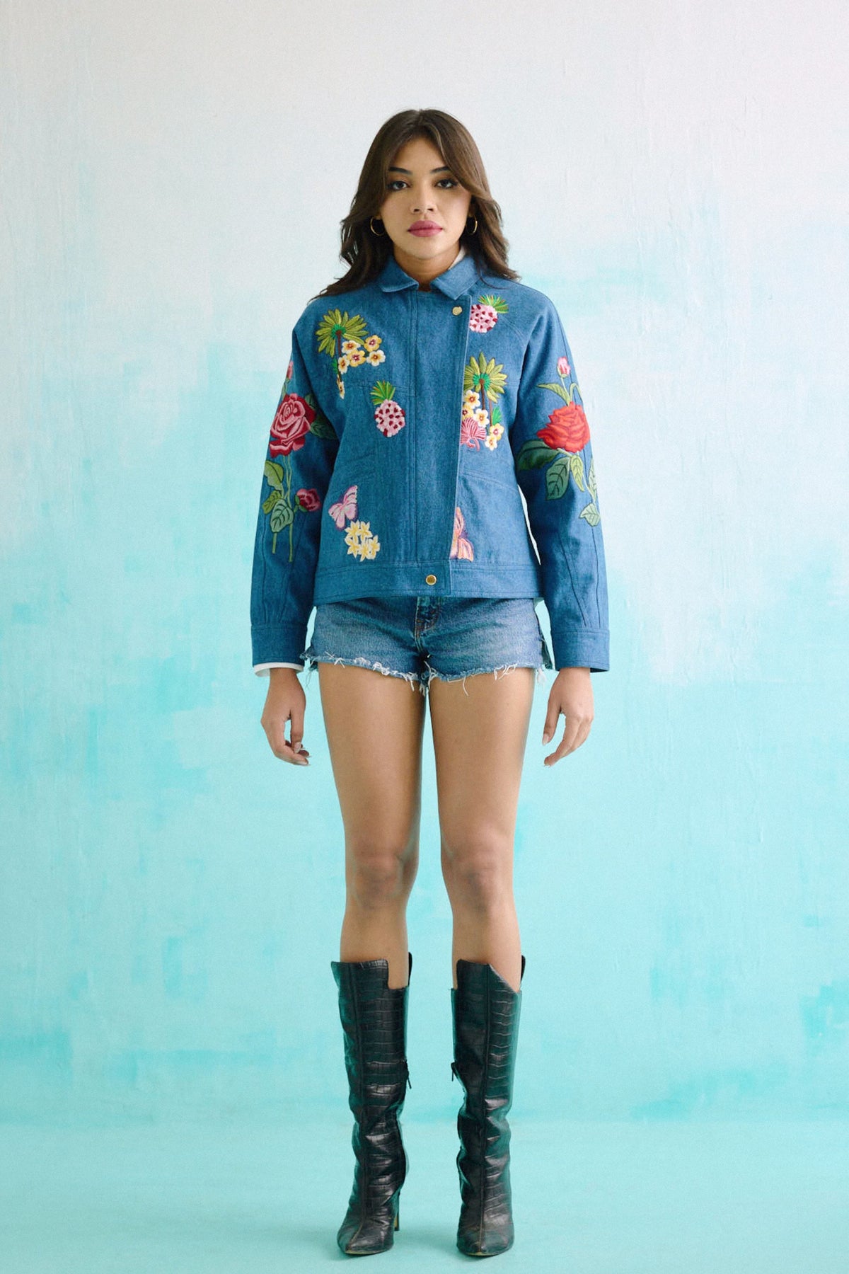 Denim Embroidered Floral Biker Jacket