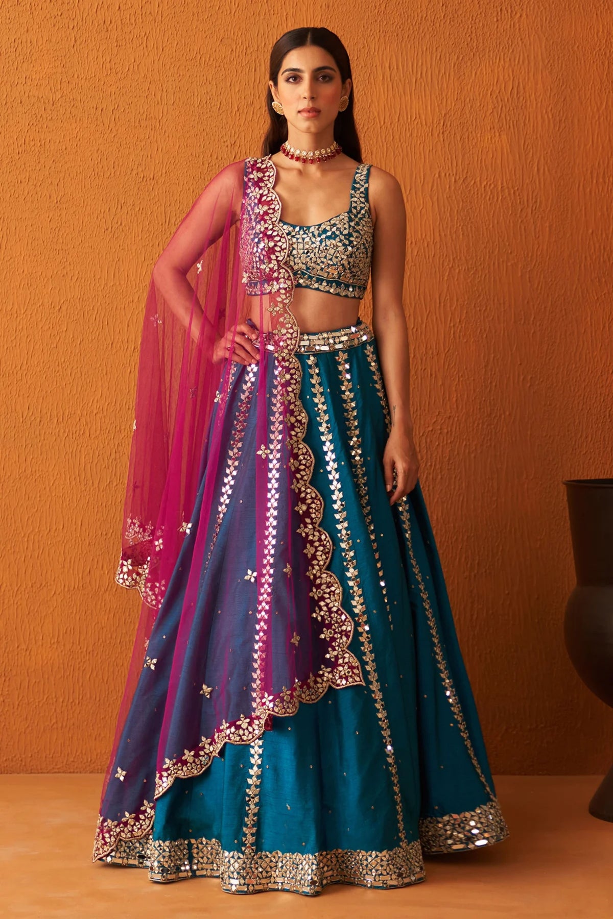 Peacock Blue Raw Silk Lehenga Set