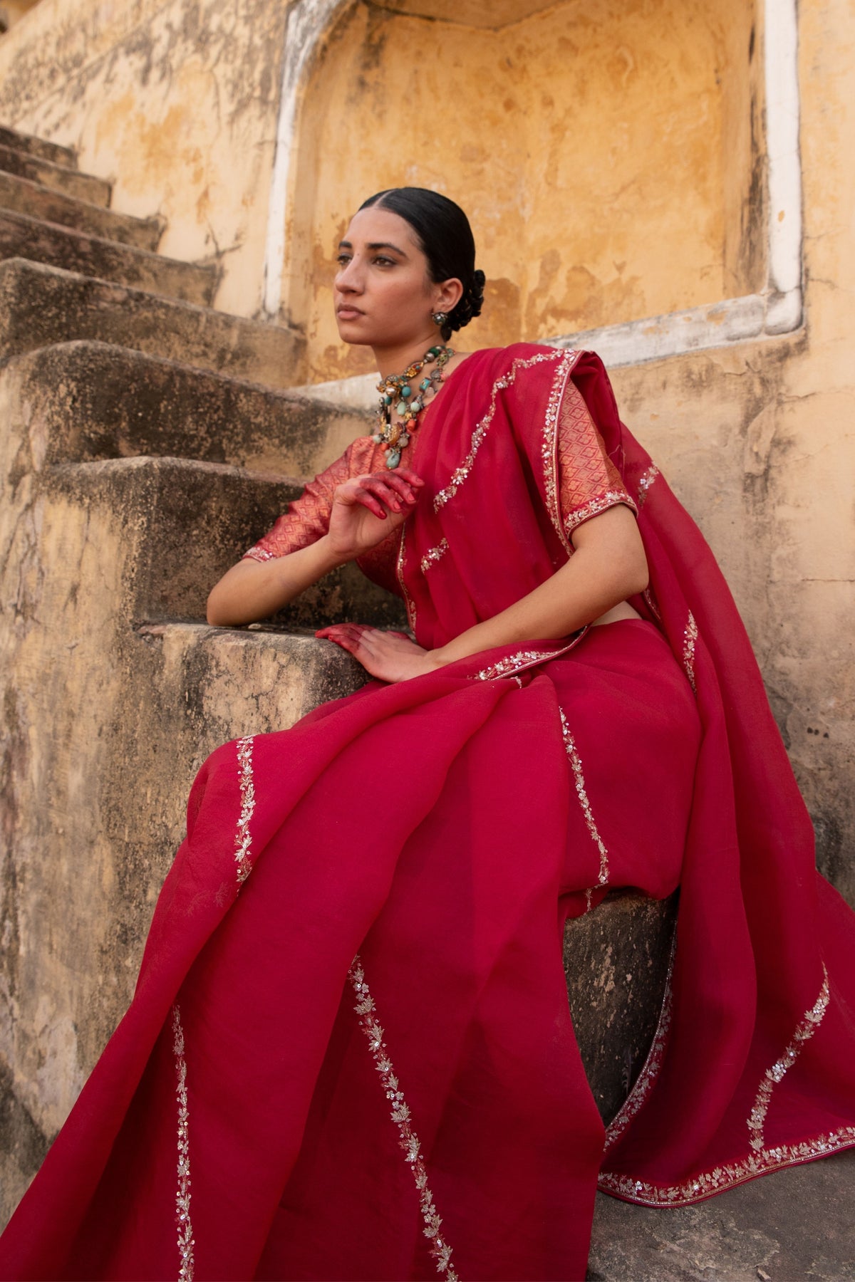 Pink Hand Embroidered Saree Set