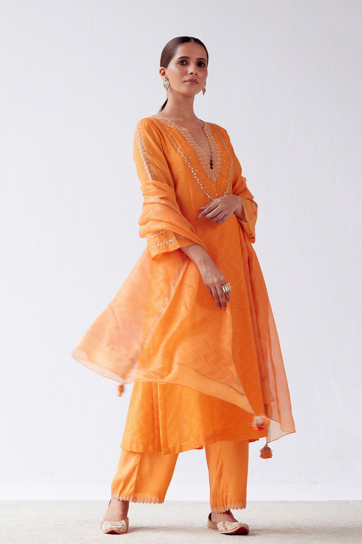 Orange Block Print Embroidered Kurta Set