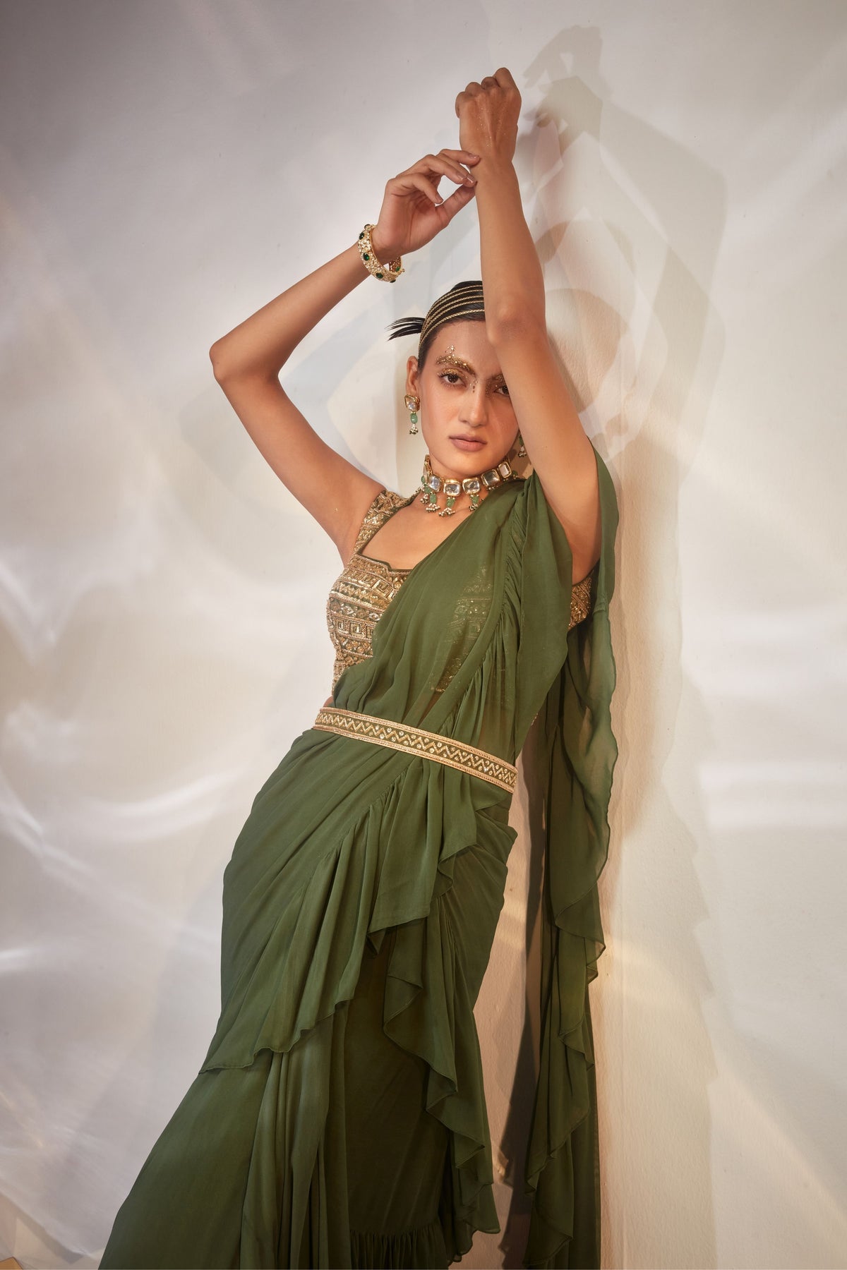 Green Ruffle Drape Saree