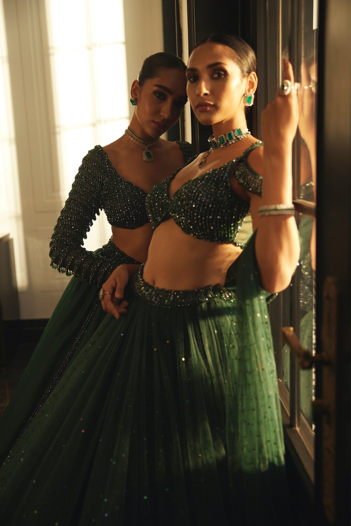 Dark Jade Green Organza Lehenga Set