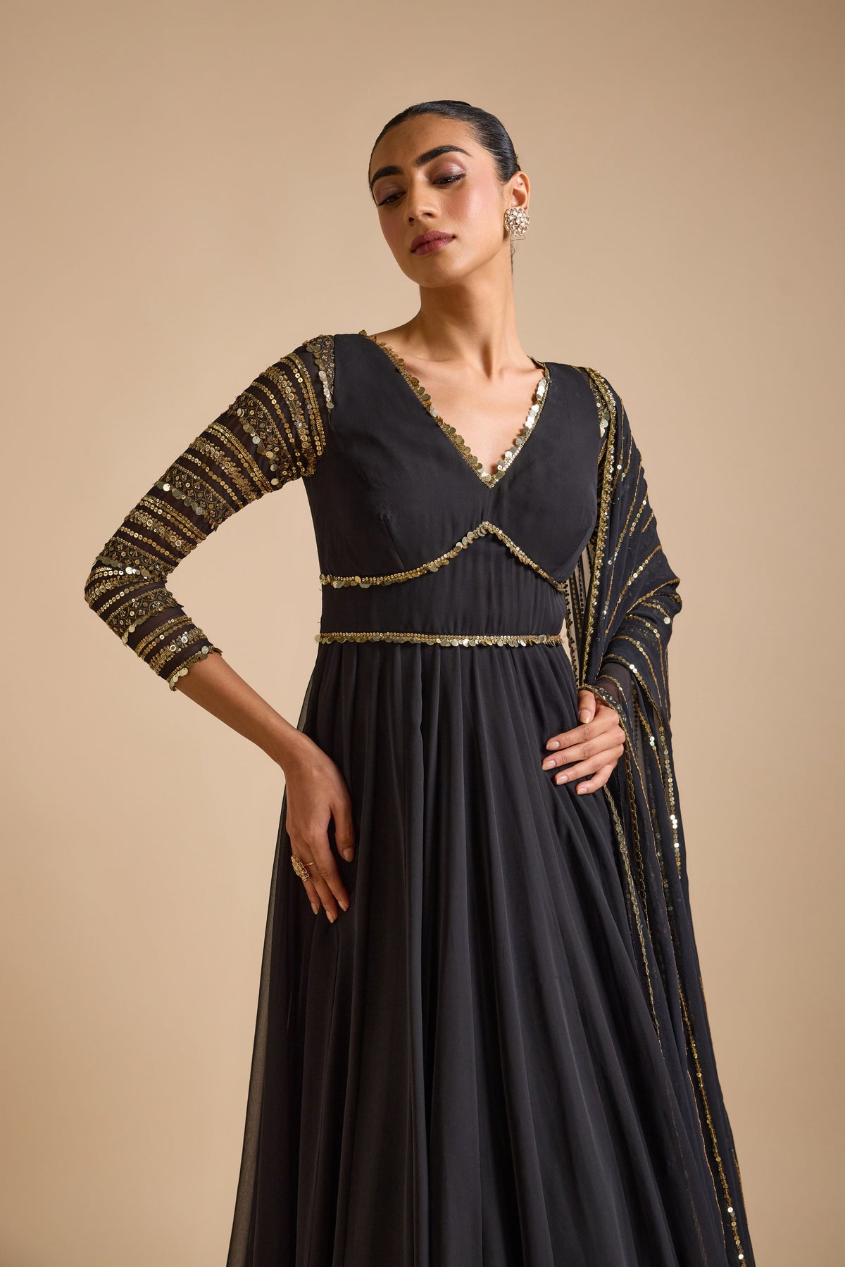 Black Embellished Sleeves Anarkali Set