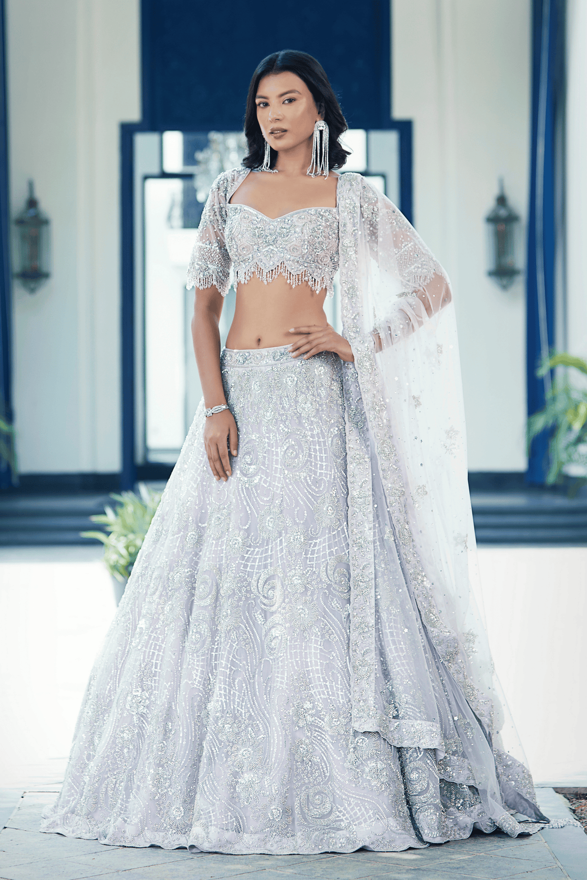 Lilac Embroidered Net Lehenga Set