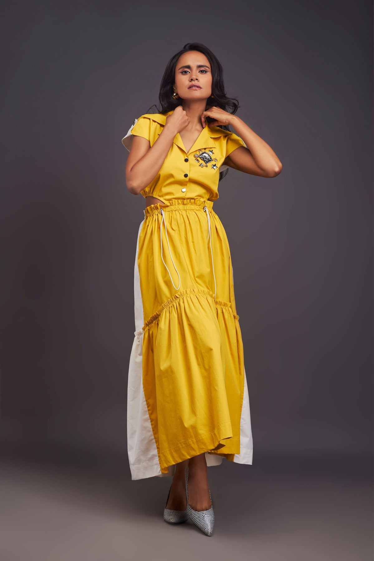 Lapel Collar Yellow Long Dress