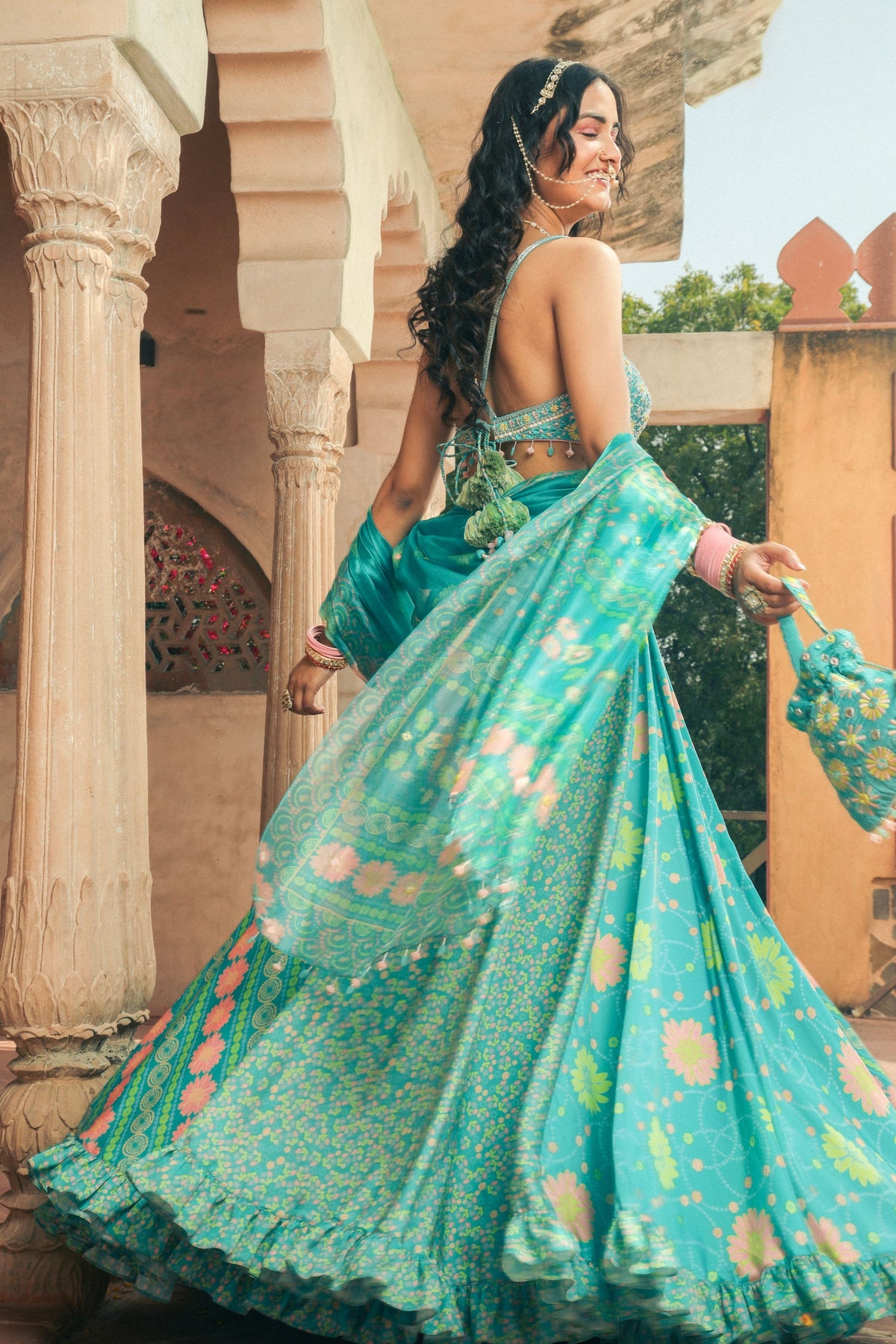 Aqua Embroidered and Printed Lehenga Set