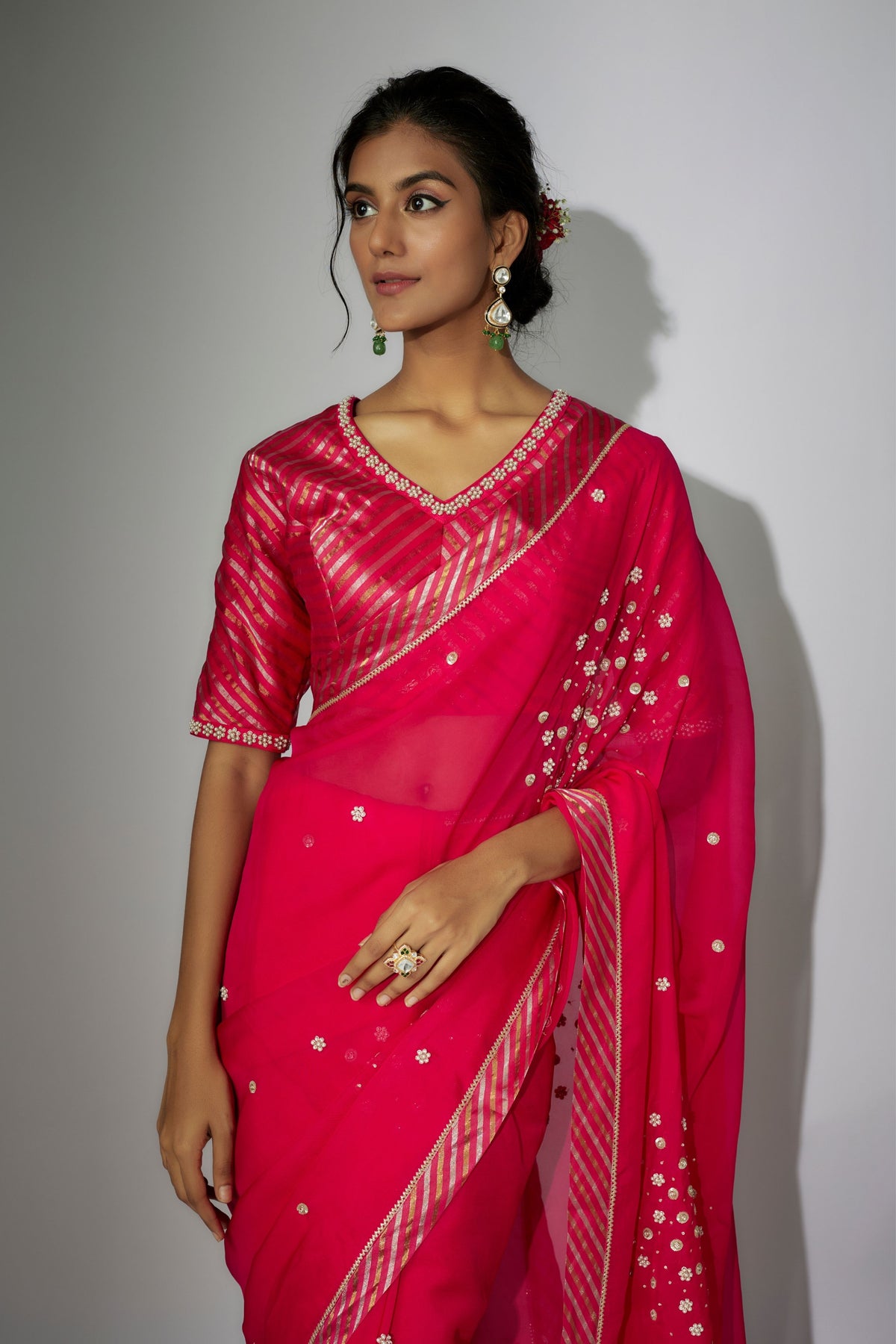 Hot Pink Embroidered Saree Set