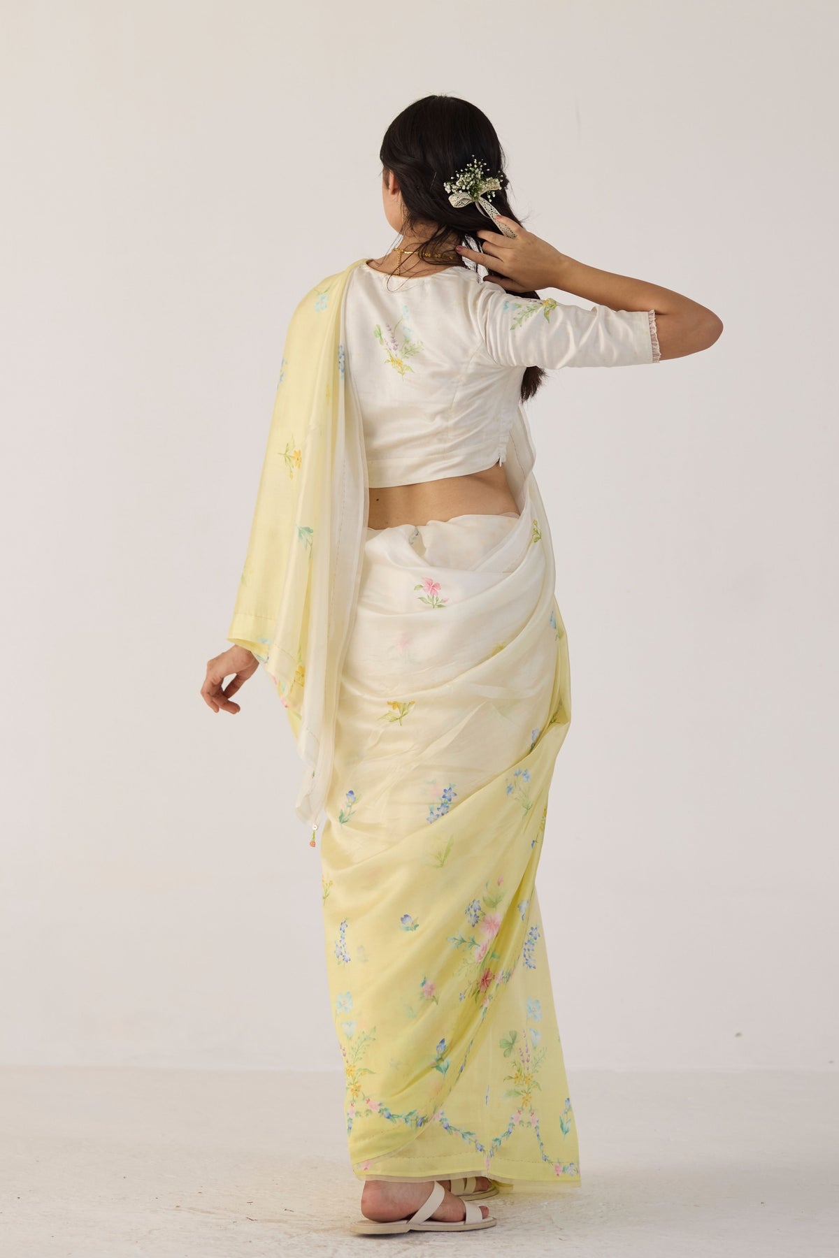 Yellow Clover Field Mulberry Organza Silk Sari