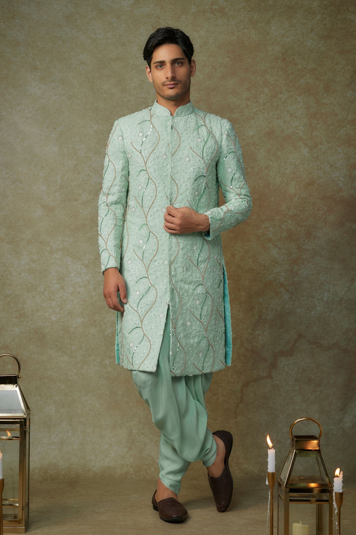 Mint Embroidered Sherwani Set