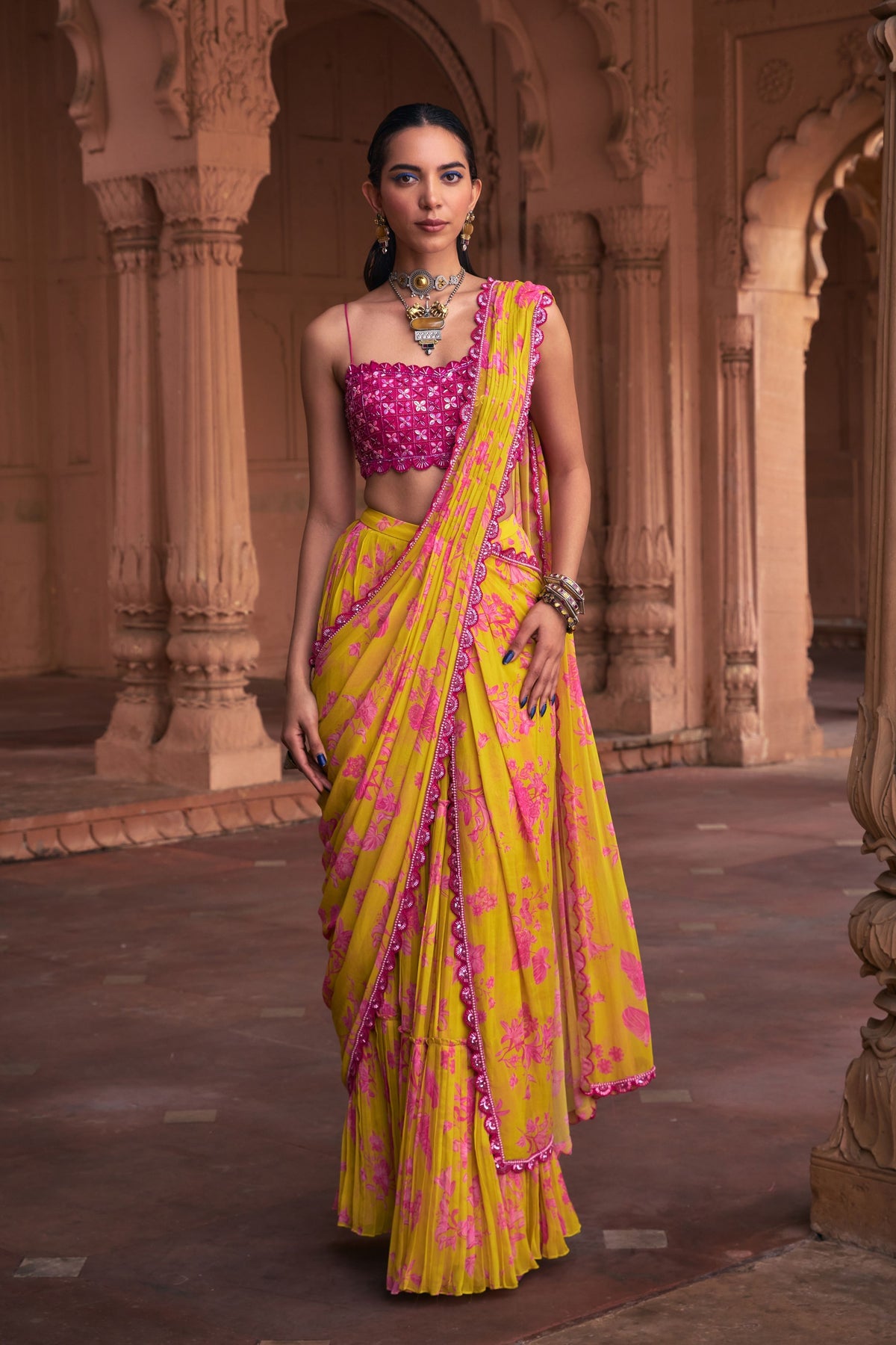 Fuchsia Draped Saree Set