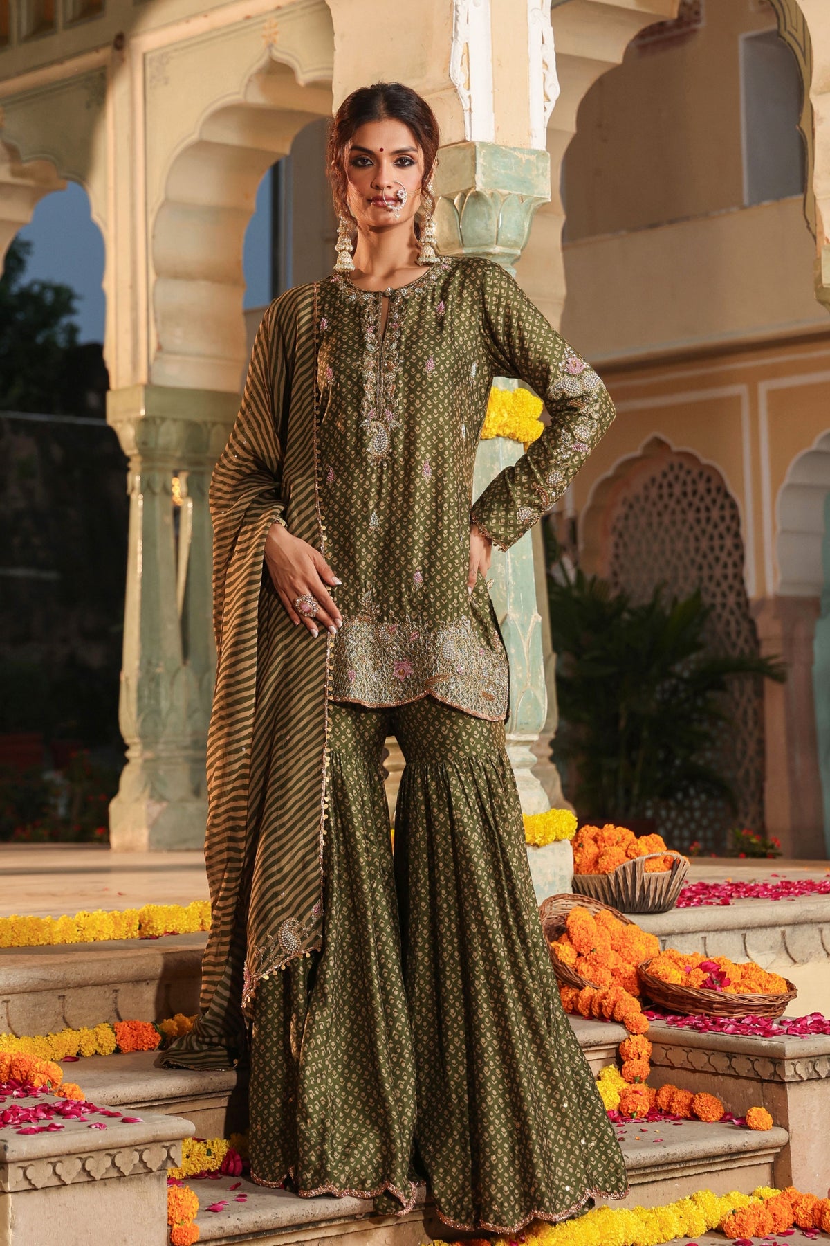 Printed Olive Green Sharara Set