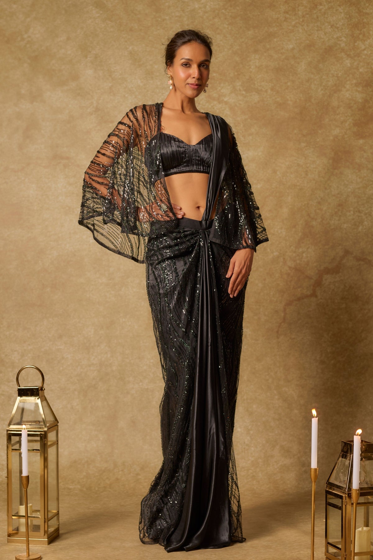 Black Embroidered Drape Saree Set