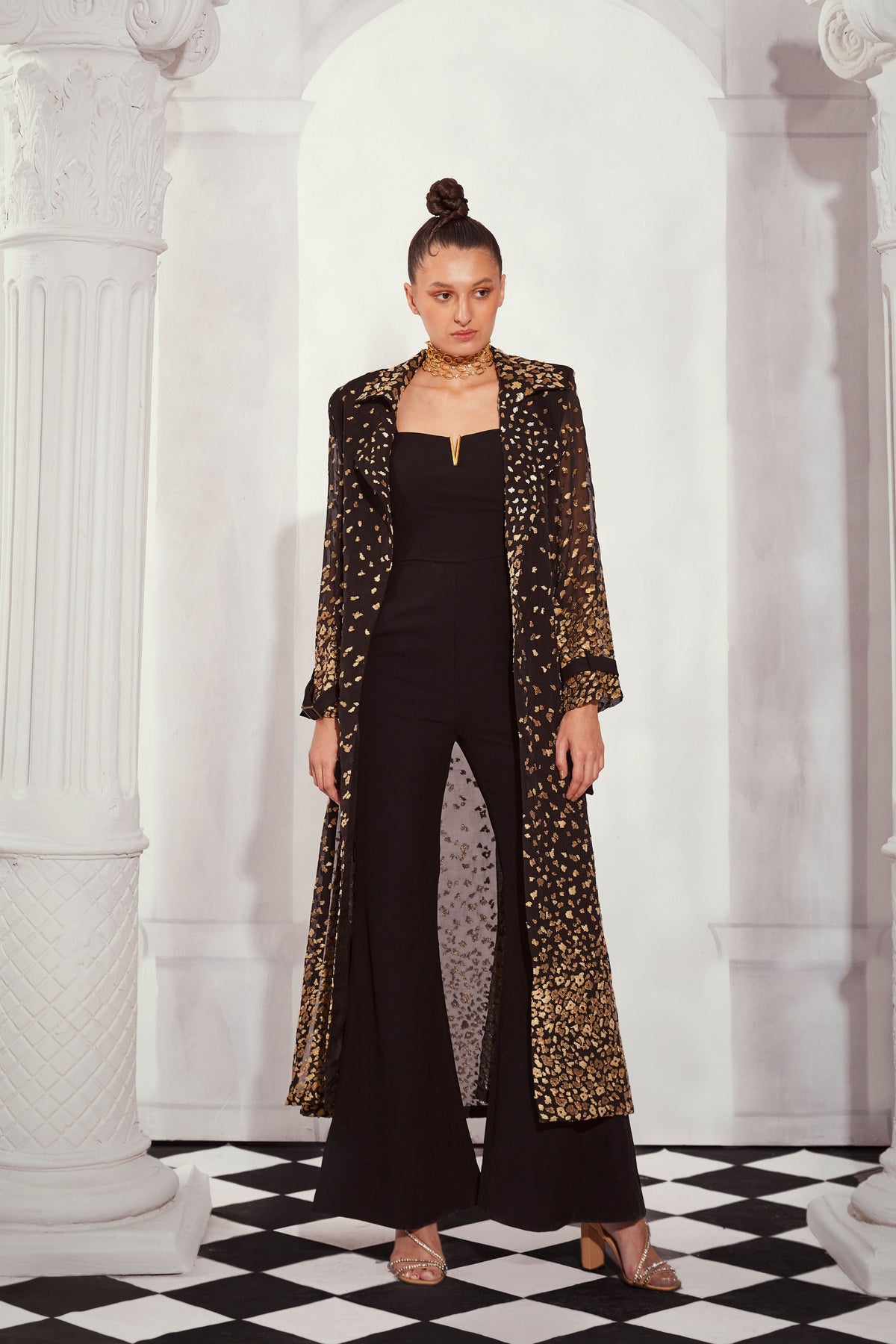 Embroidery Long Trench and Jumsuit Set