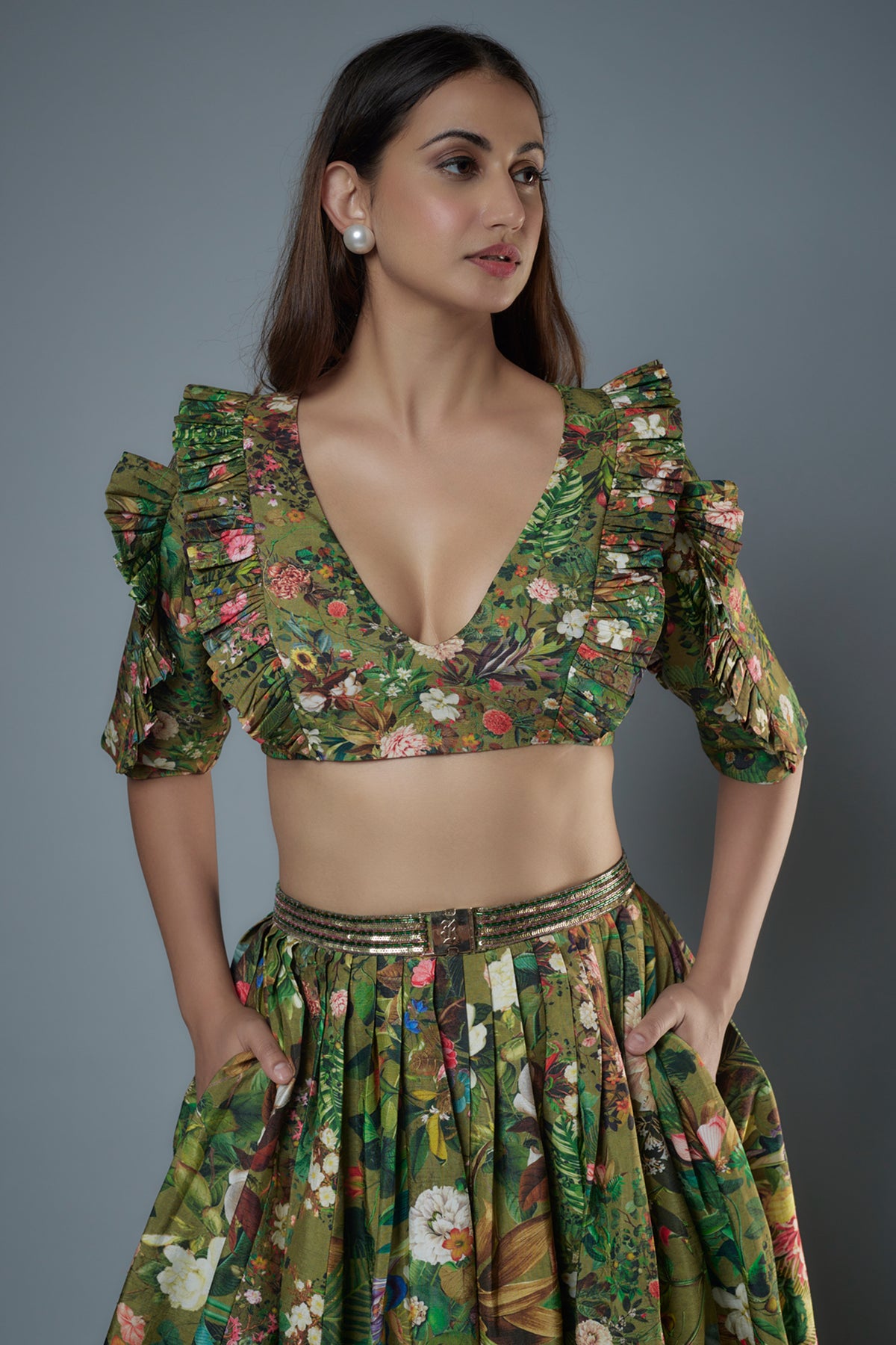 Botanical Printed Green Lehenga Set