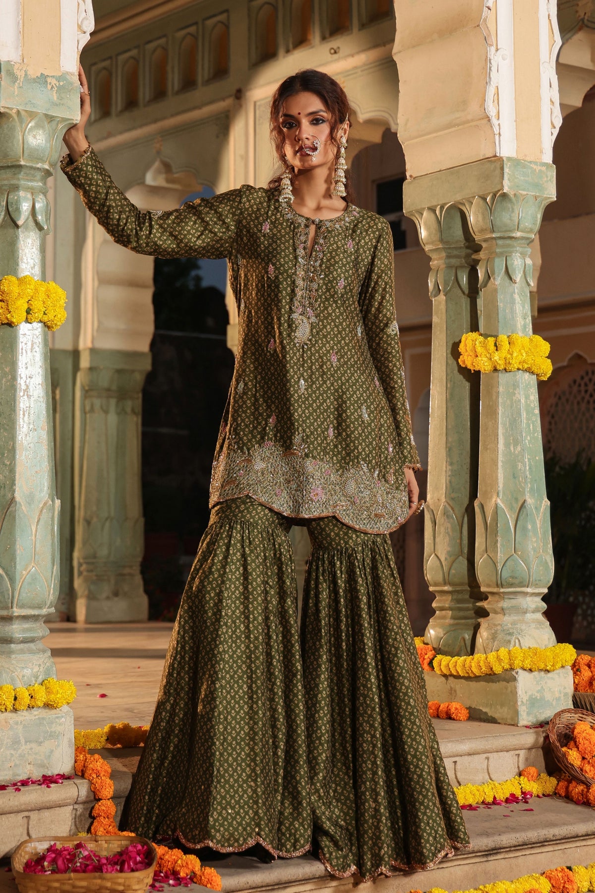 Printed Olive Green Sharara Set